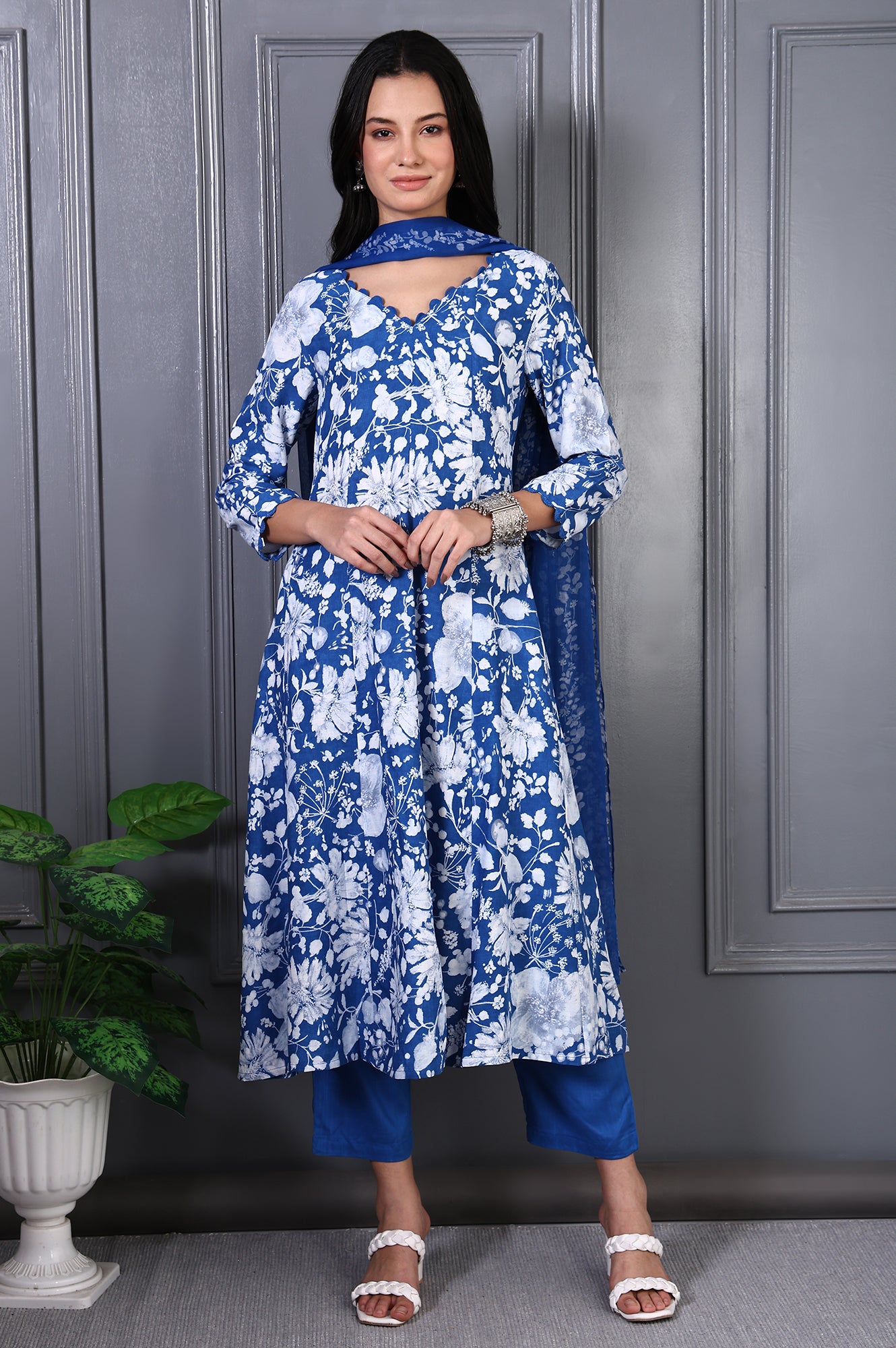 Blue Floral Printed Lace Rayon Flared Kurta, Pants and Dupatta Set