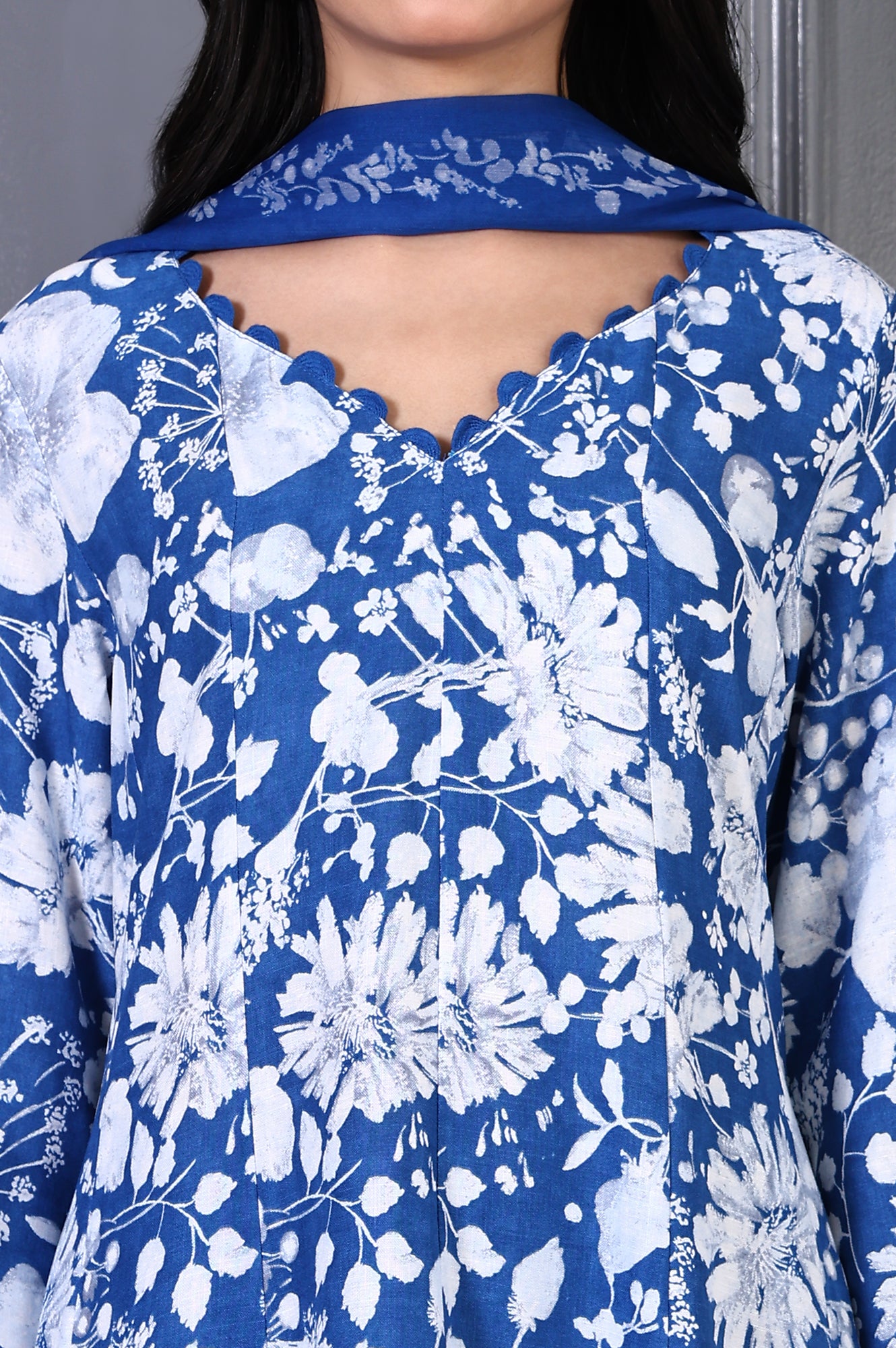 Blue Floral Printed Lace Rayon Flared Kurta, Pants and Dupatta Set