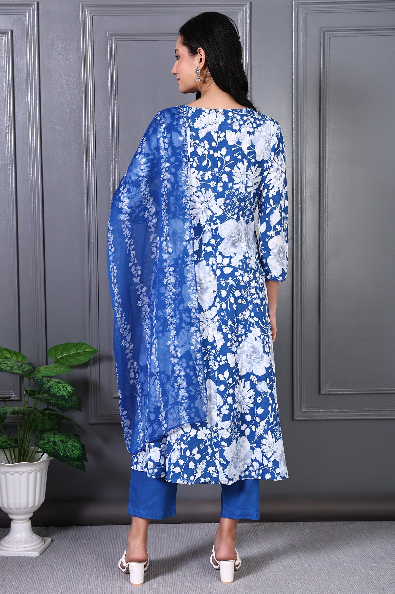 Blue Floral Printed Lace Rayon Flared Kurta, Pants and Dupatta Set