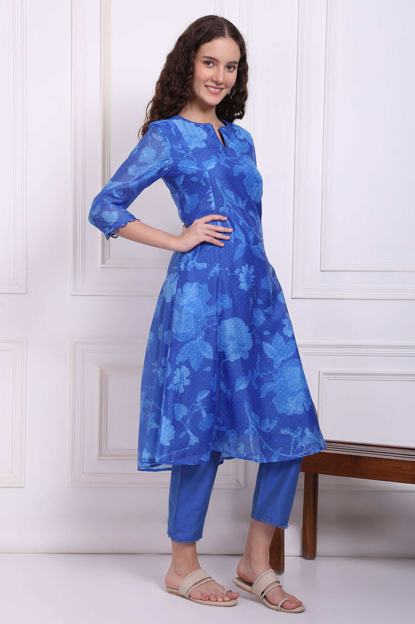 Blue Floral Printed Lace Flared Kurta, Pants and Dupatta Set