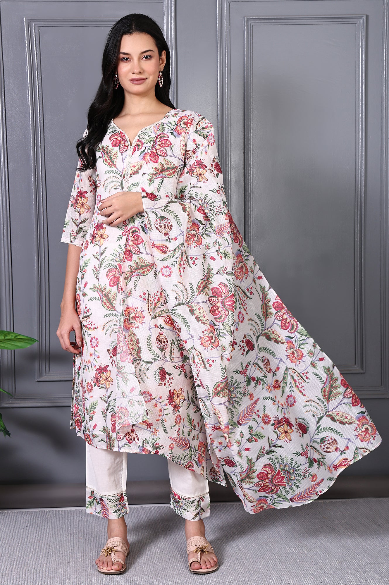 Off White Floral Printed Kota Straight Kurta, Pants and Dupatta Set