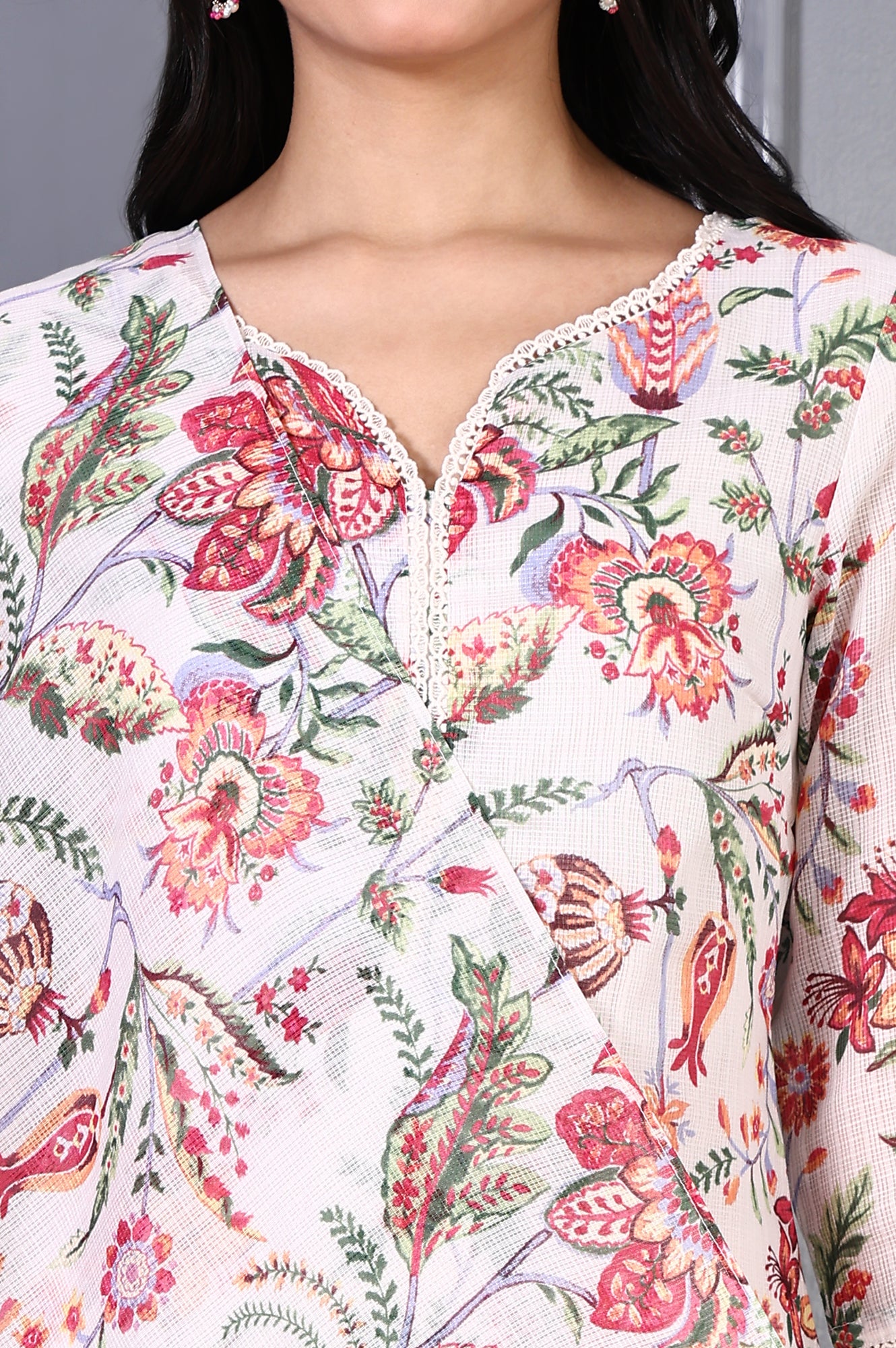 Off White Floral Printed Kota Straight Kurta, Pants and Dupatta Set