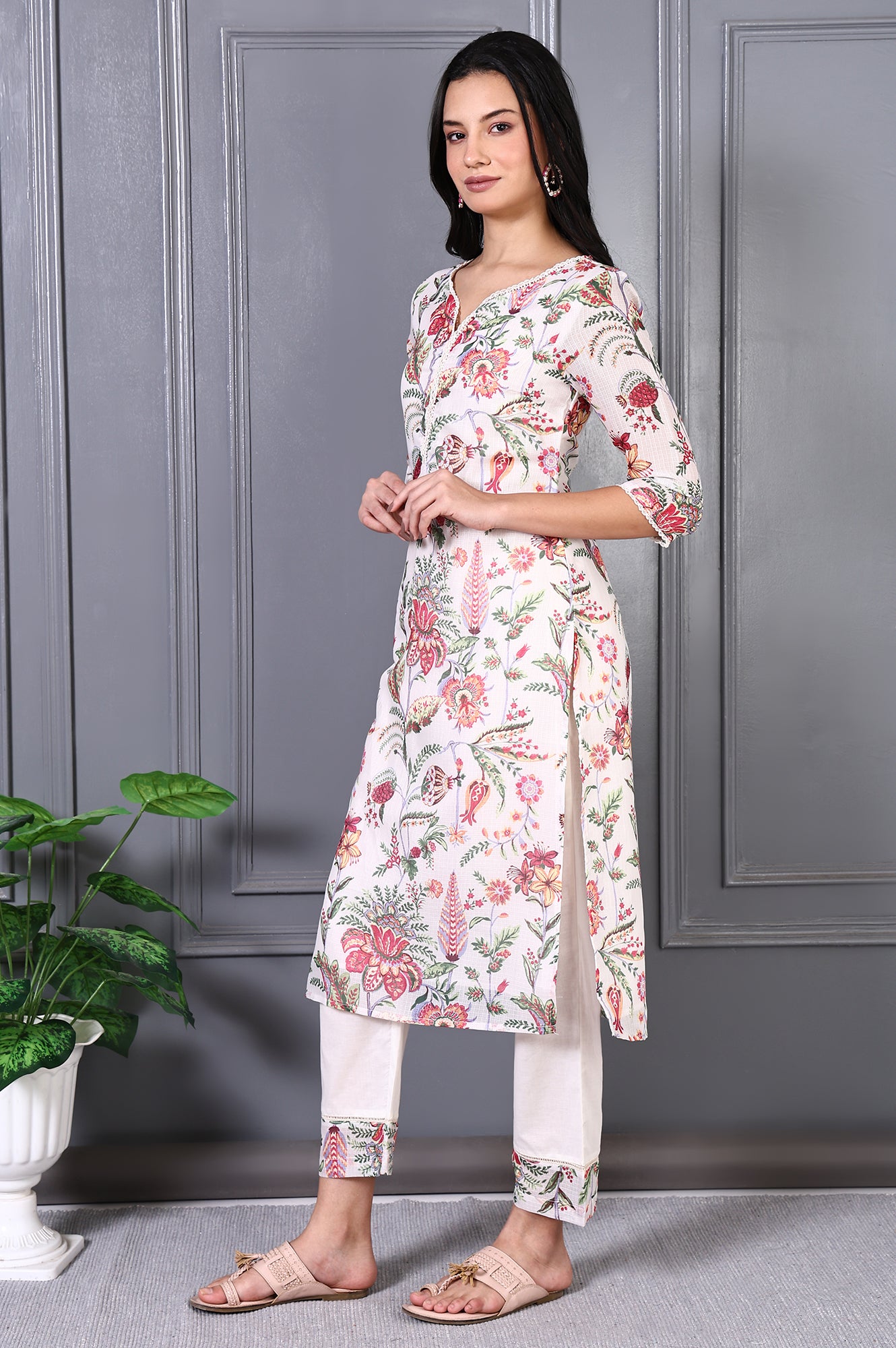 Off White Floral Printed Kota Straight Kurta, Pants and Dupatta Set