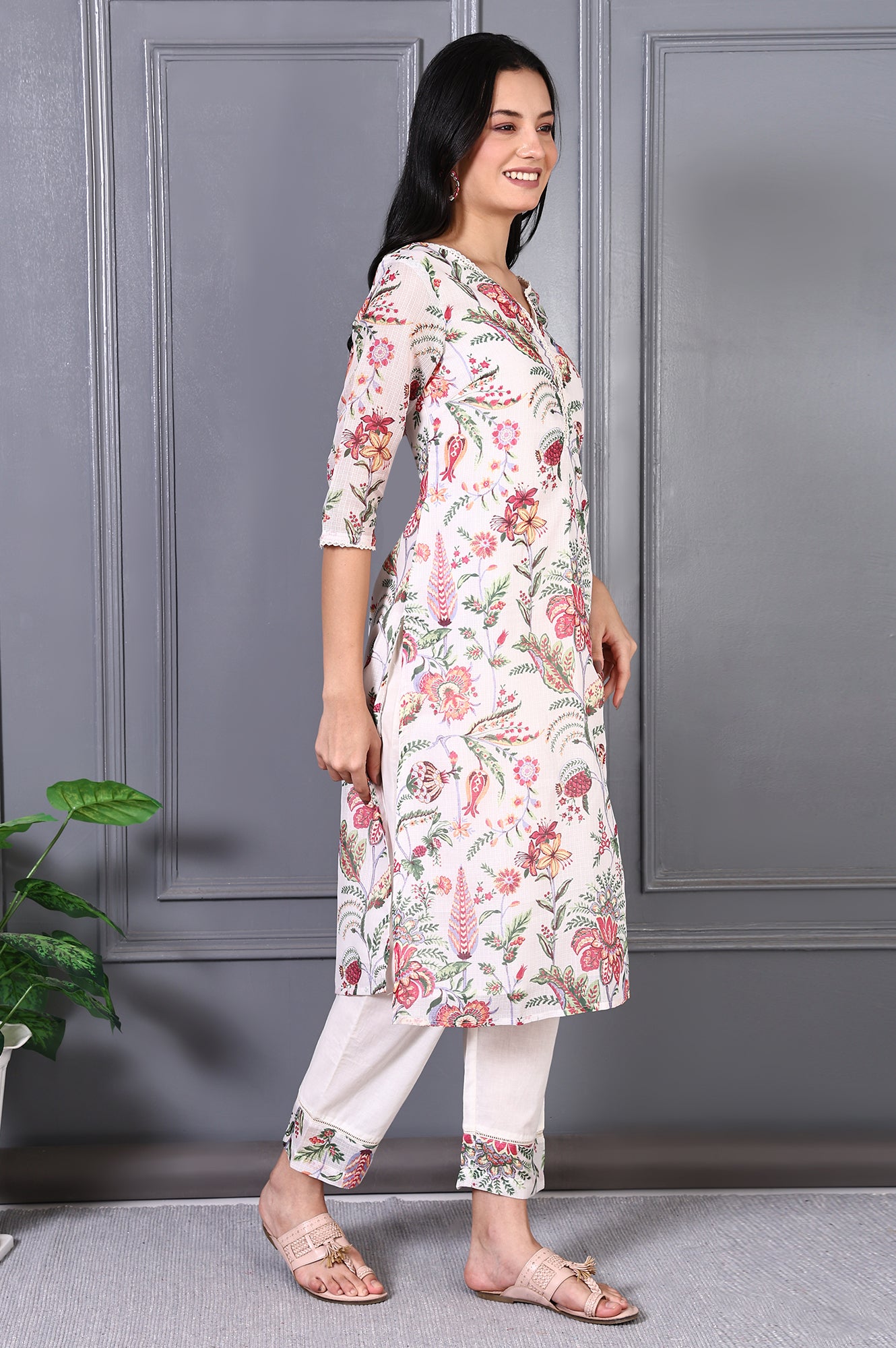 Off White Floral Printed Kota Straight Kurta, Pants and Dupatta Set