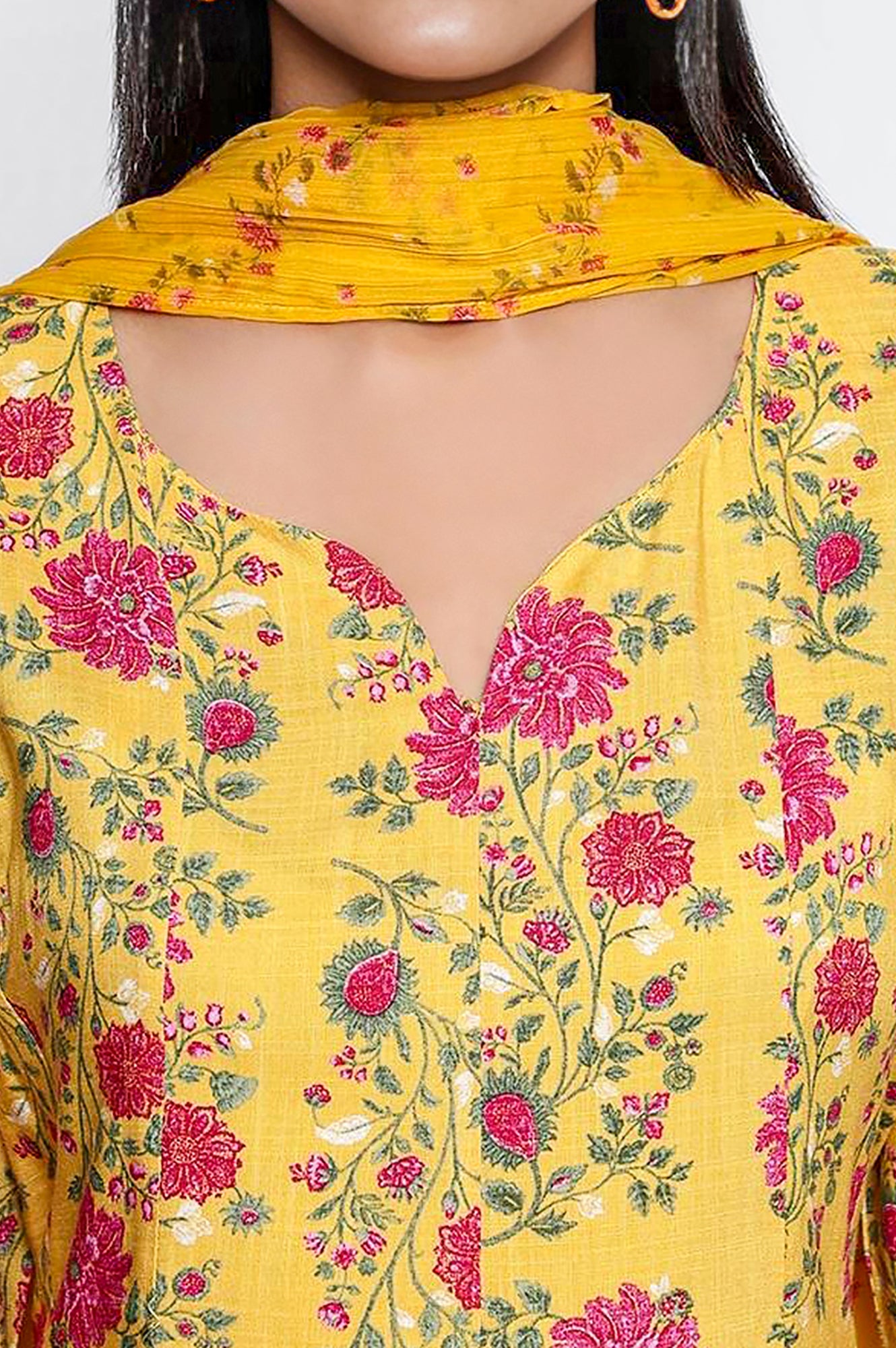 Marigold Yellow Printed Rayon Flared Kurta, Straight Pant and Dupatta Set