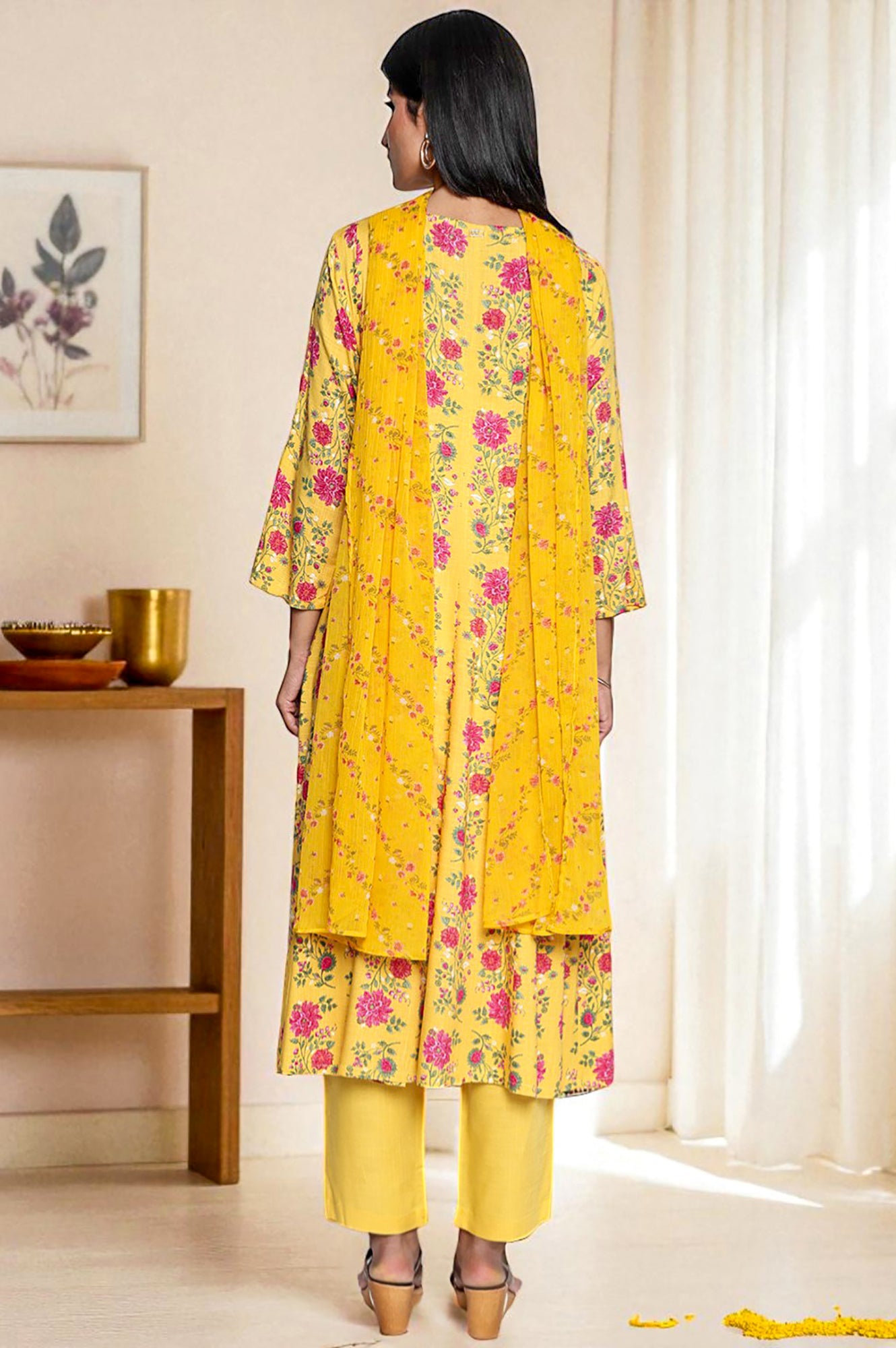 Marigold Yellow Printed Rayon Flared Kurta, Straight Pant and Dupatta Set
