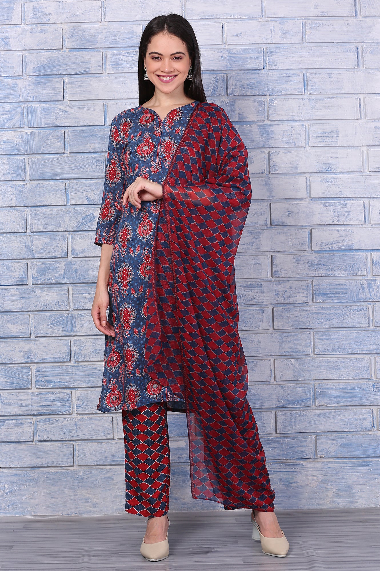 Blue Printed Modal Straight Kurta, Pants and Dupatta Set