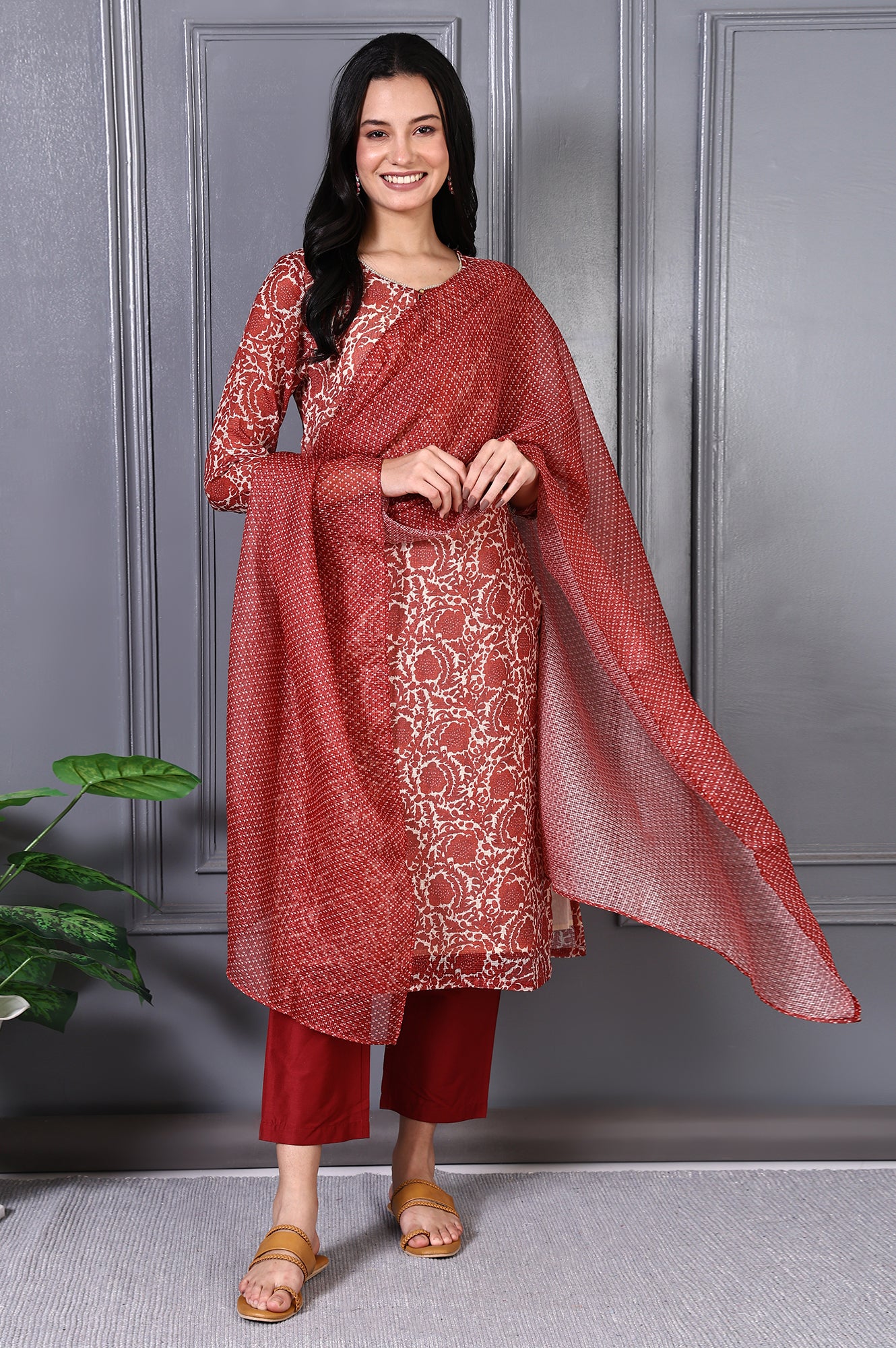 Red Floral Printed Kota Straight Kurta, Pants and Dupatta Set