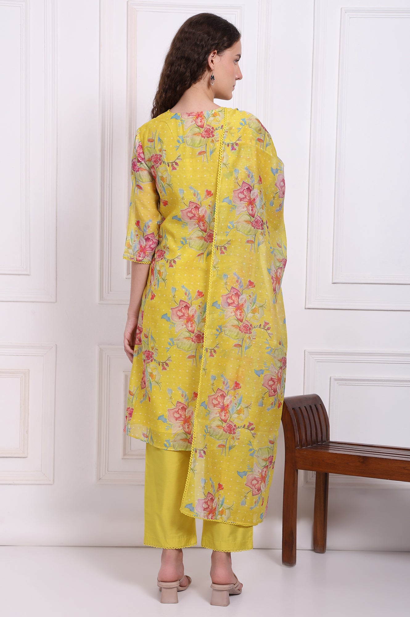 Yellow Floral Printed Chanderi Straight Kurta, Pants and Dupatta Set