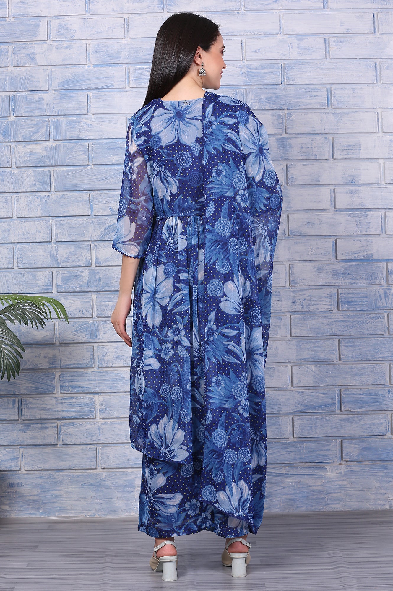 Blue Floral Printed Lace Chiffon Straight Kurta, Parallel Pants and Dupatta Set