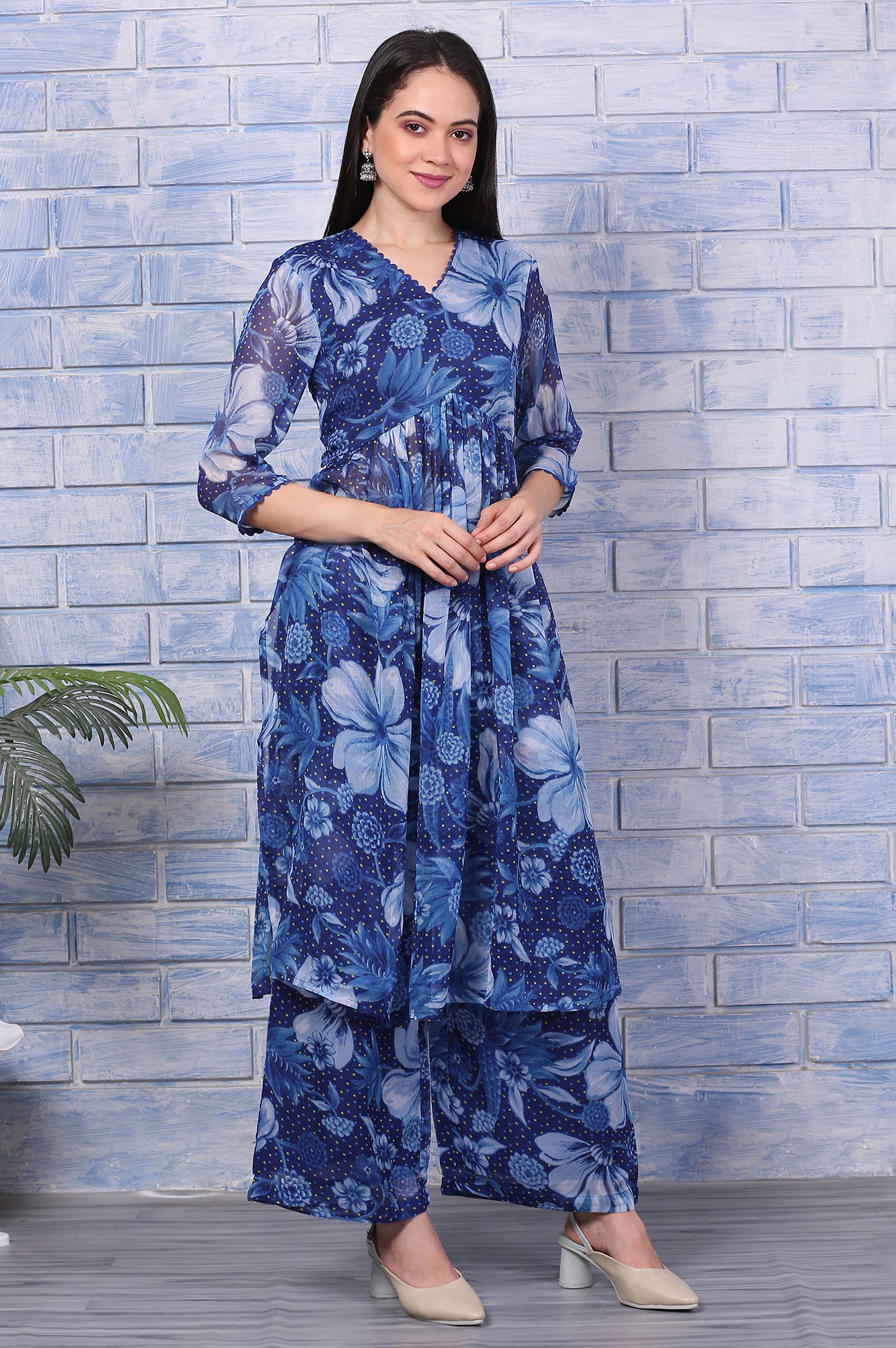 Blue Floral Printed Lace Chiffon Straight Kurta, Parallel Pants and Dupatta Set