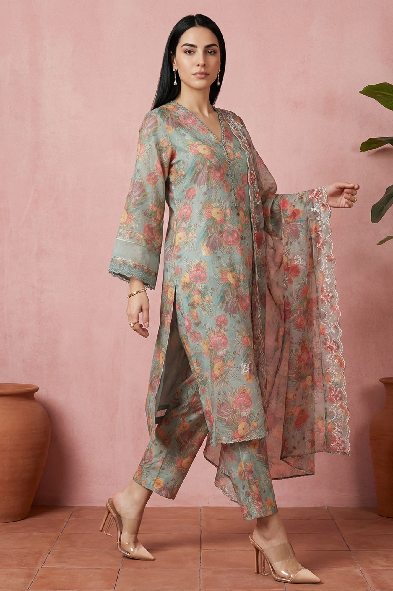 Sea Green Floral Printed Straight Kurta with Flared Pants and Dupatta Set