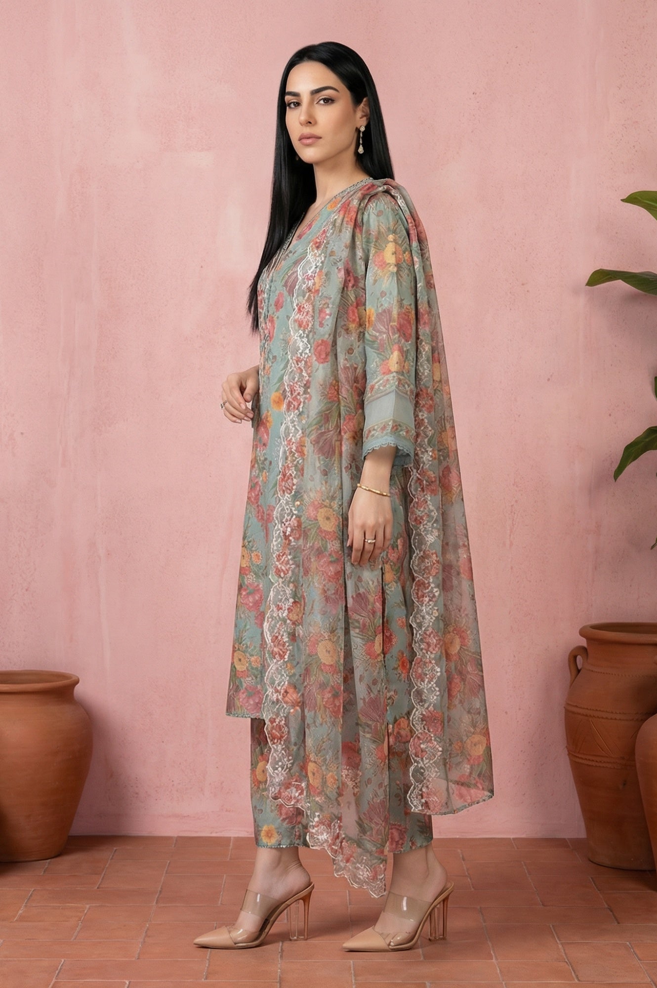 Sea Green Floral Printed Straight Kurta with Flared Pants and Dupatta Set