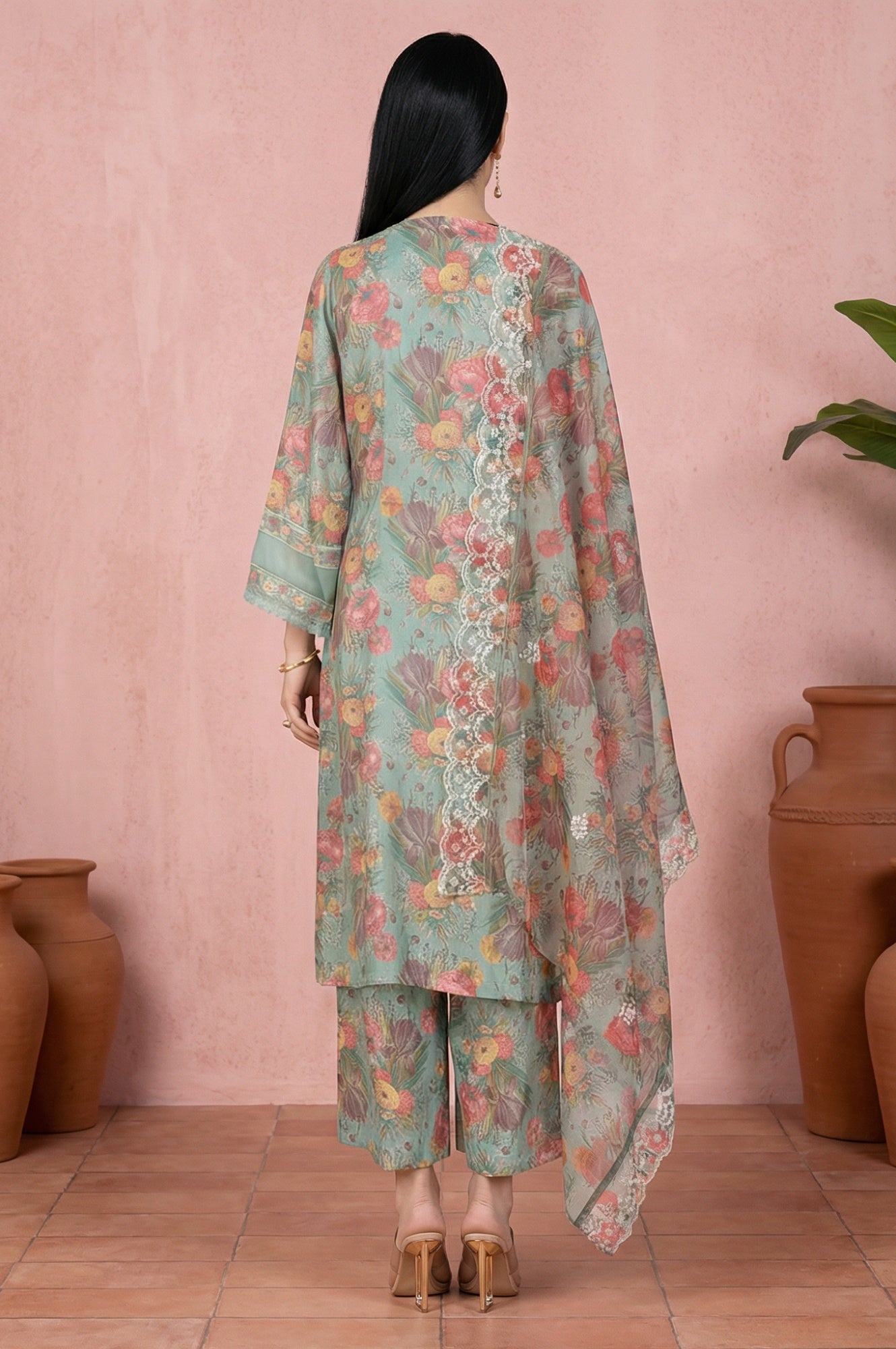 Sea Green Floral Printed Straight Kurta with Flared Pants and Dupatta Set