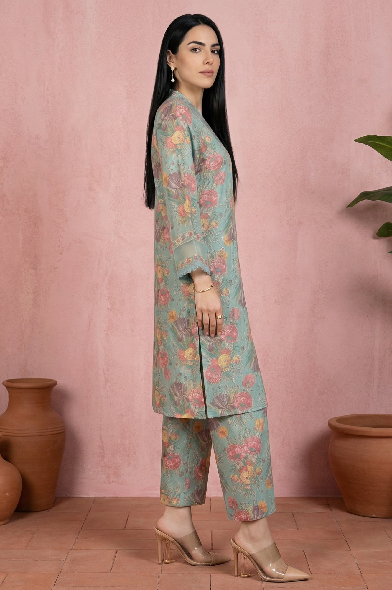 Sea Green Floral Printed Straight Kurta with Flared Pants and Dupatta Set
