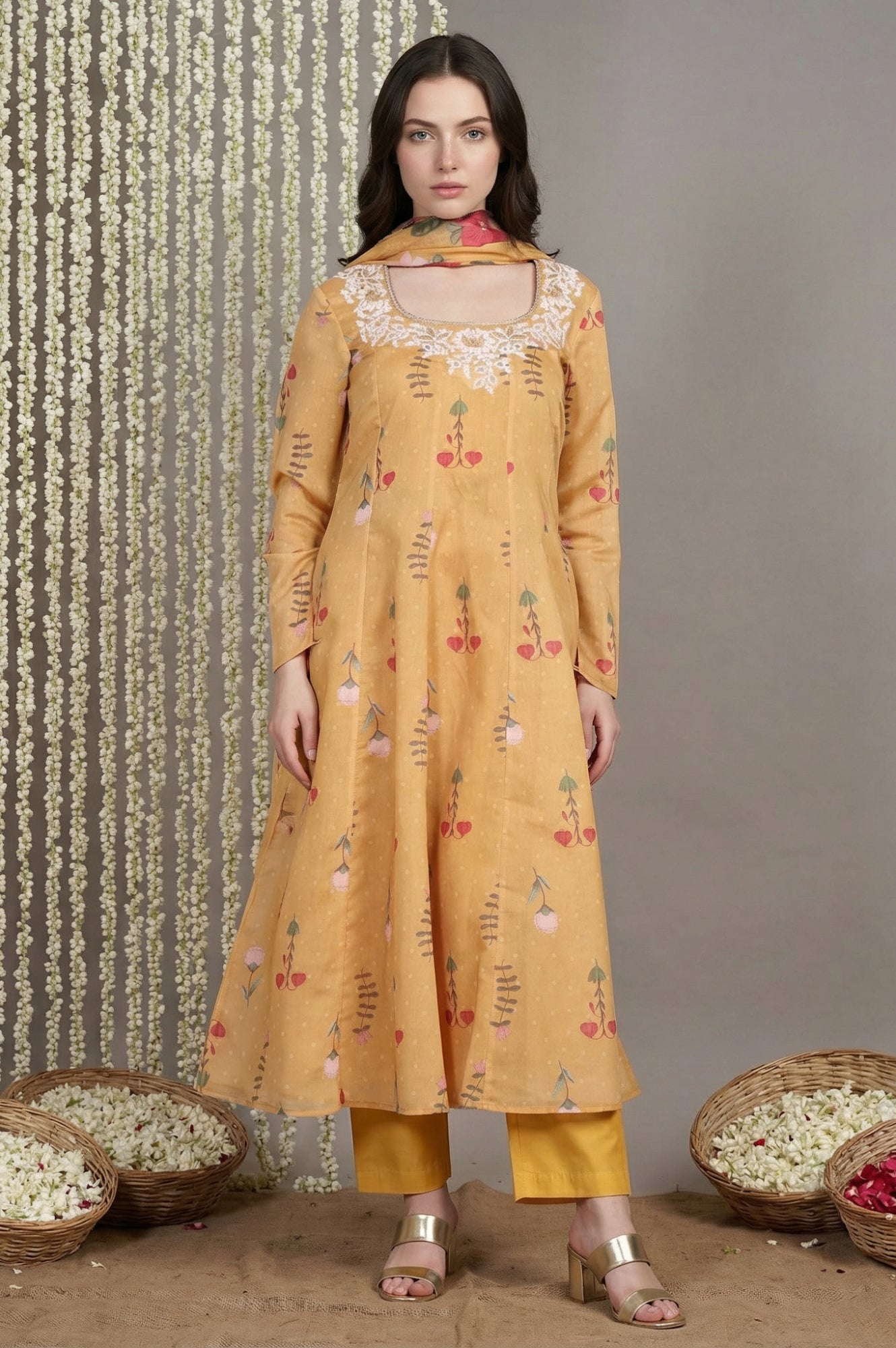 Yellow Floral Printed Anarkali Kurta with Straight Pant and Dupatta Set