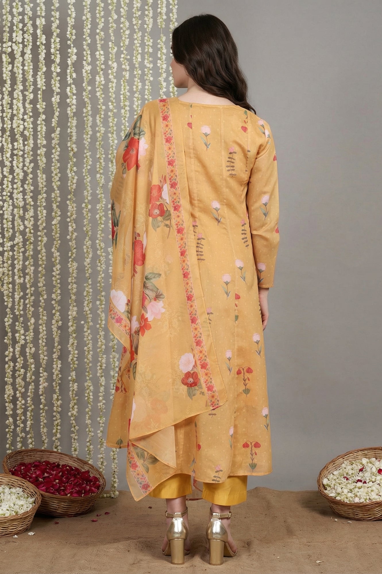 Yellow Floral Printed Anarkali Kurta with Straight Pant and Dupatta Set