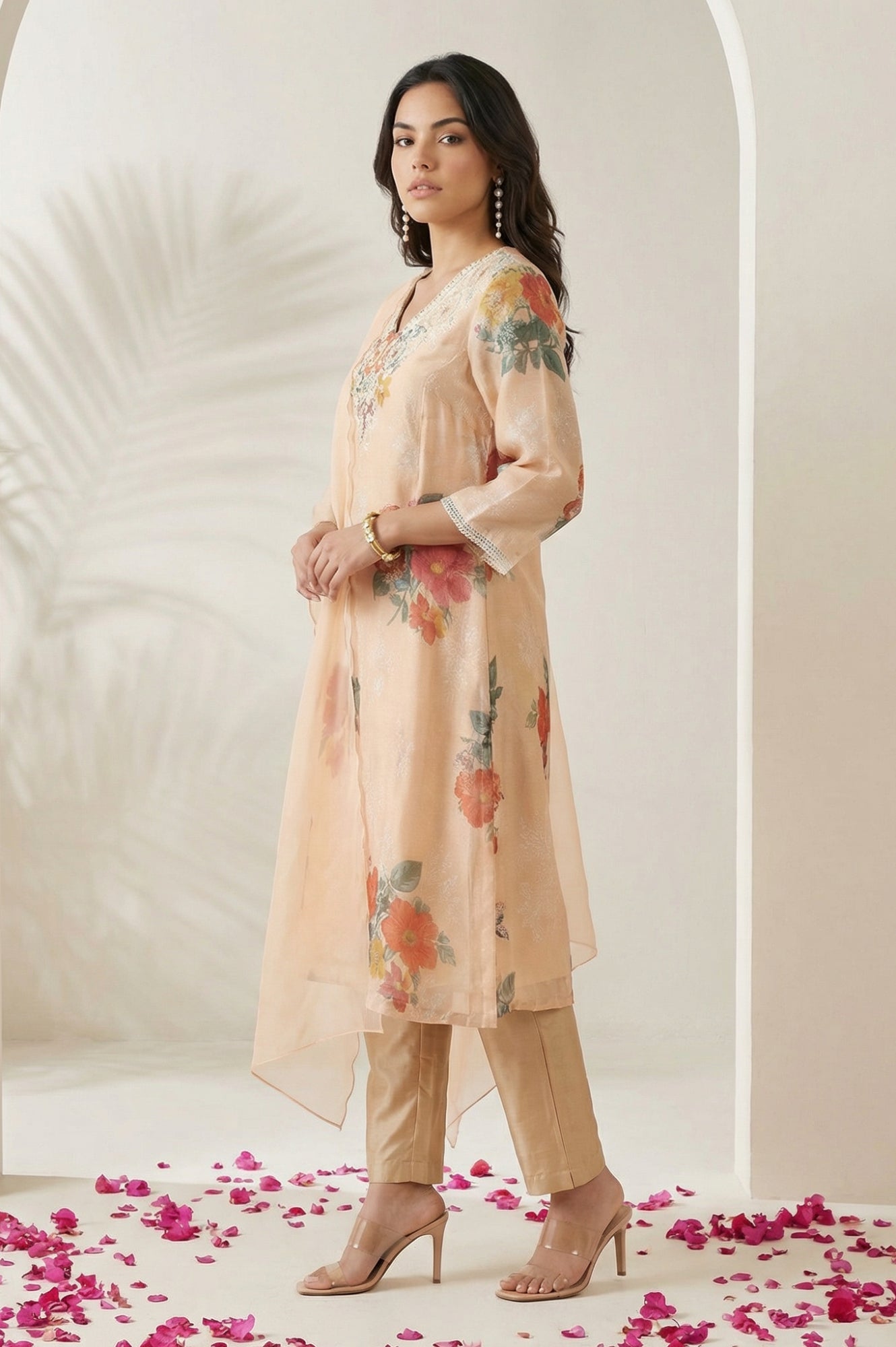 Peach Floral Printed Tissue Straight Kurta with Straight Pants and Dupatta Set