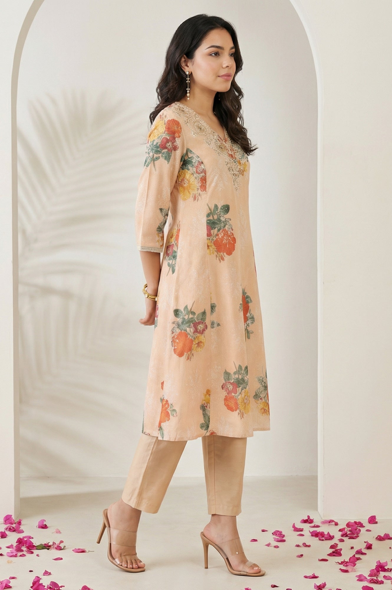 Peach Floral Printed Tissue Straight Kurta with Straight Pants and Dupatta Set