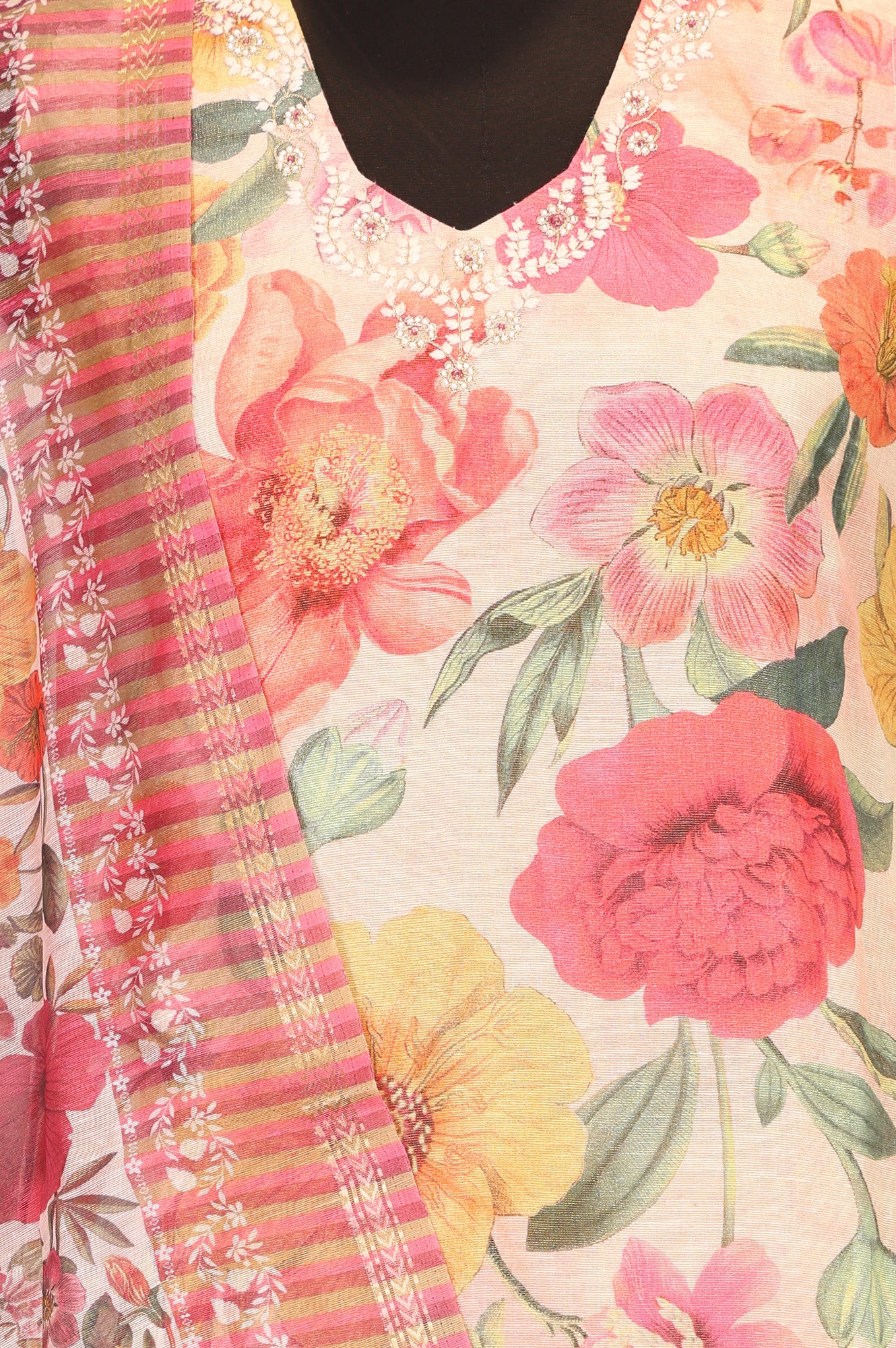 Pink Floral Printed Straight Kurta with Pants and Dupatta Set