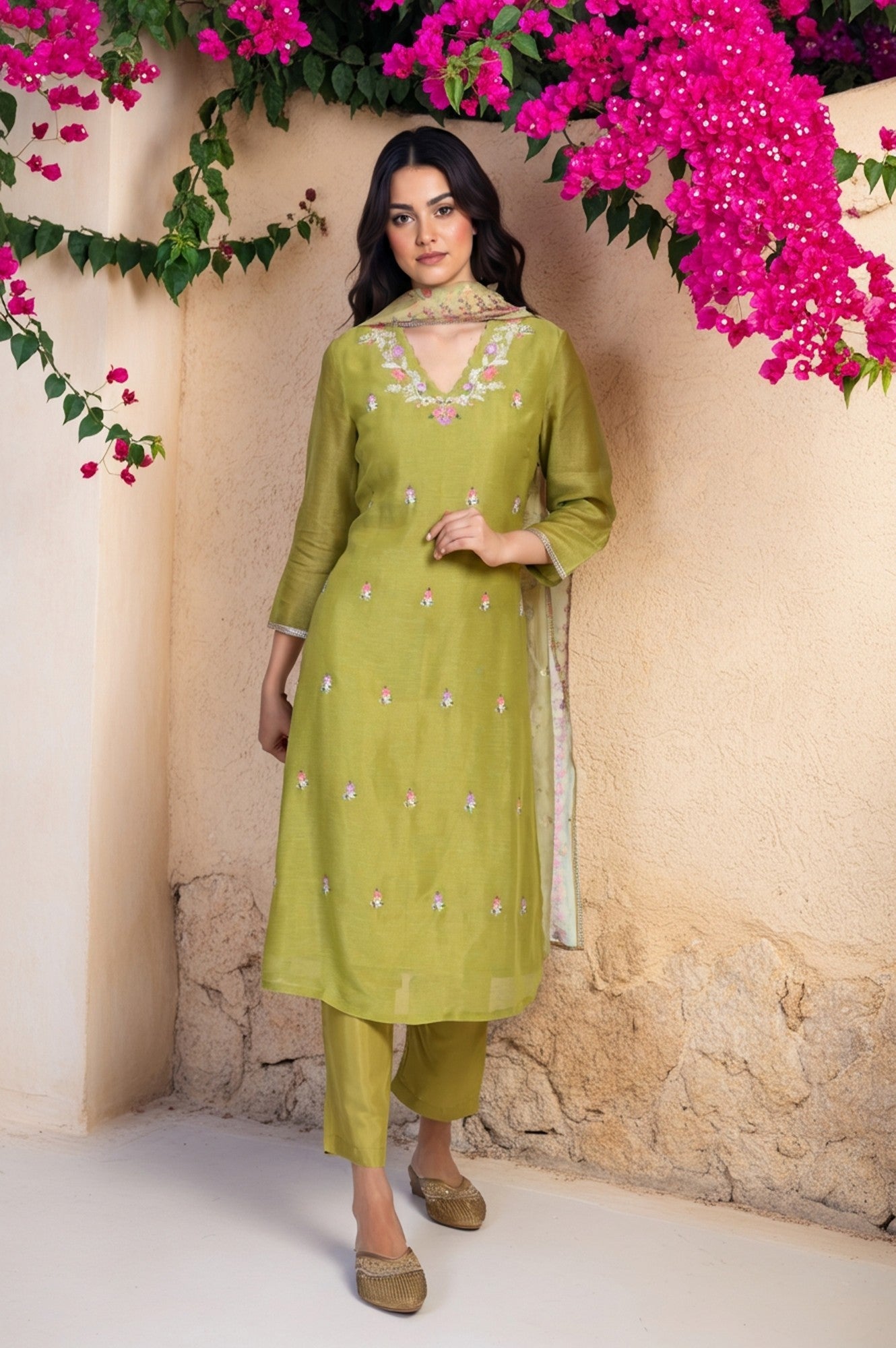 Green Floral Embroidered A-Line Tissue Kurta with Straight Pant and Dupatta Set