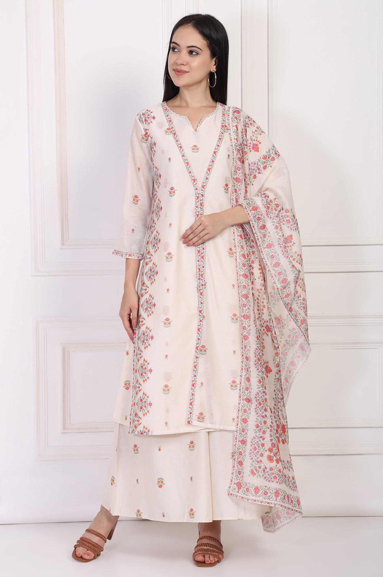 Off-White Floral Printed Lace Trim Straight Chiffon Kurta with Inner, Flared Pant and Dupatta Set
