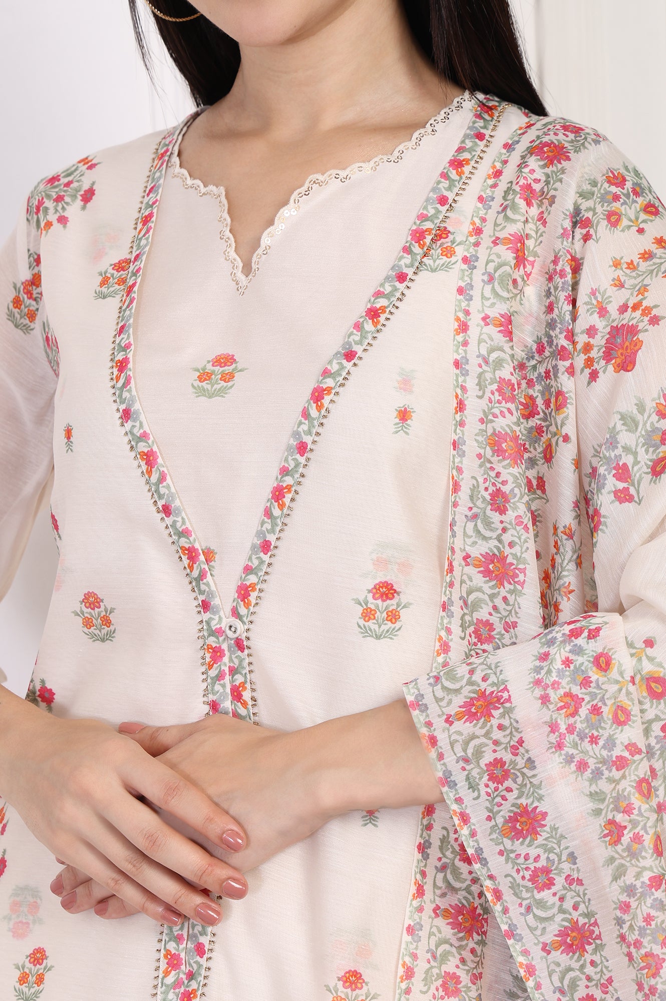 Off-White Floral Printed Lace Trim Straight Chiffon Kurta with Inner, Flared Pant and Dupatta Set