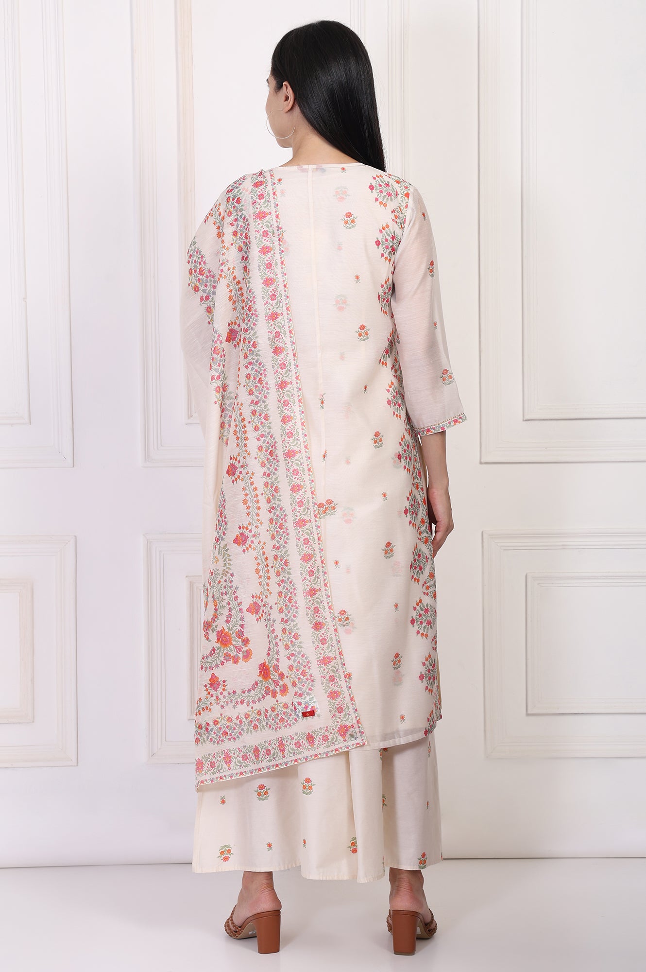 Off-White Floral Printed Lace Trim Straight Chiffon Kurta with Inner, Flared Pant and Dupatta Set