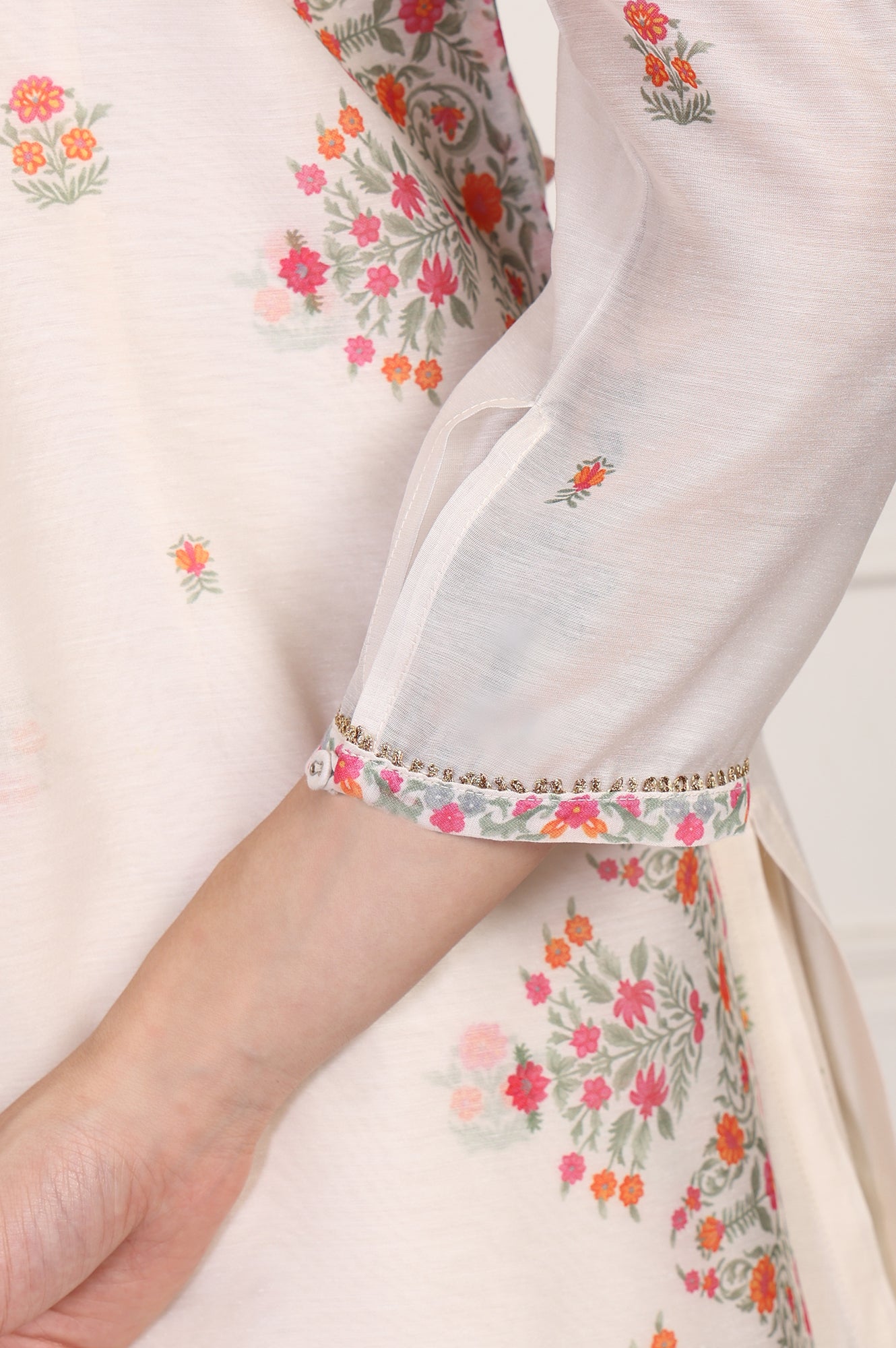 Off-White Floral Printed Lace Trim Straight Chiffon Kurta with Inner, Flared Pant and Dupatta Set