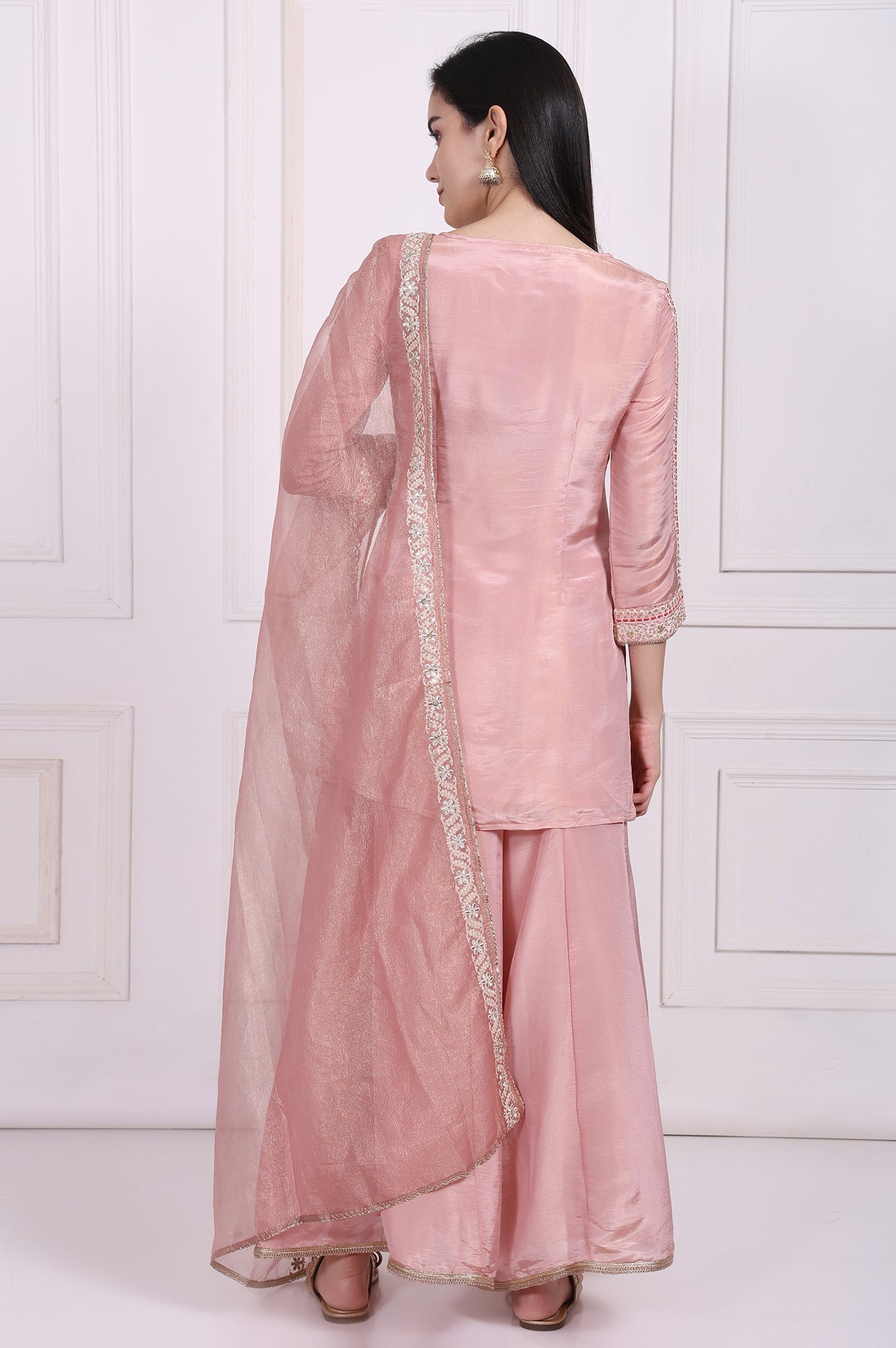 Pink Embroidered Straight Tissue Kurta with Culotte and Dupatta Set