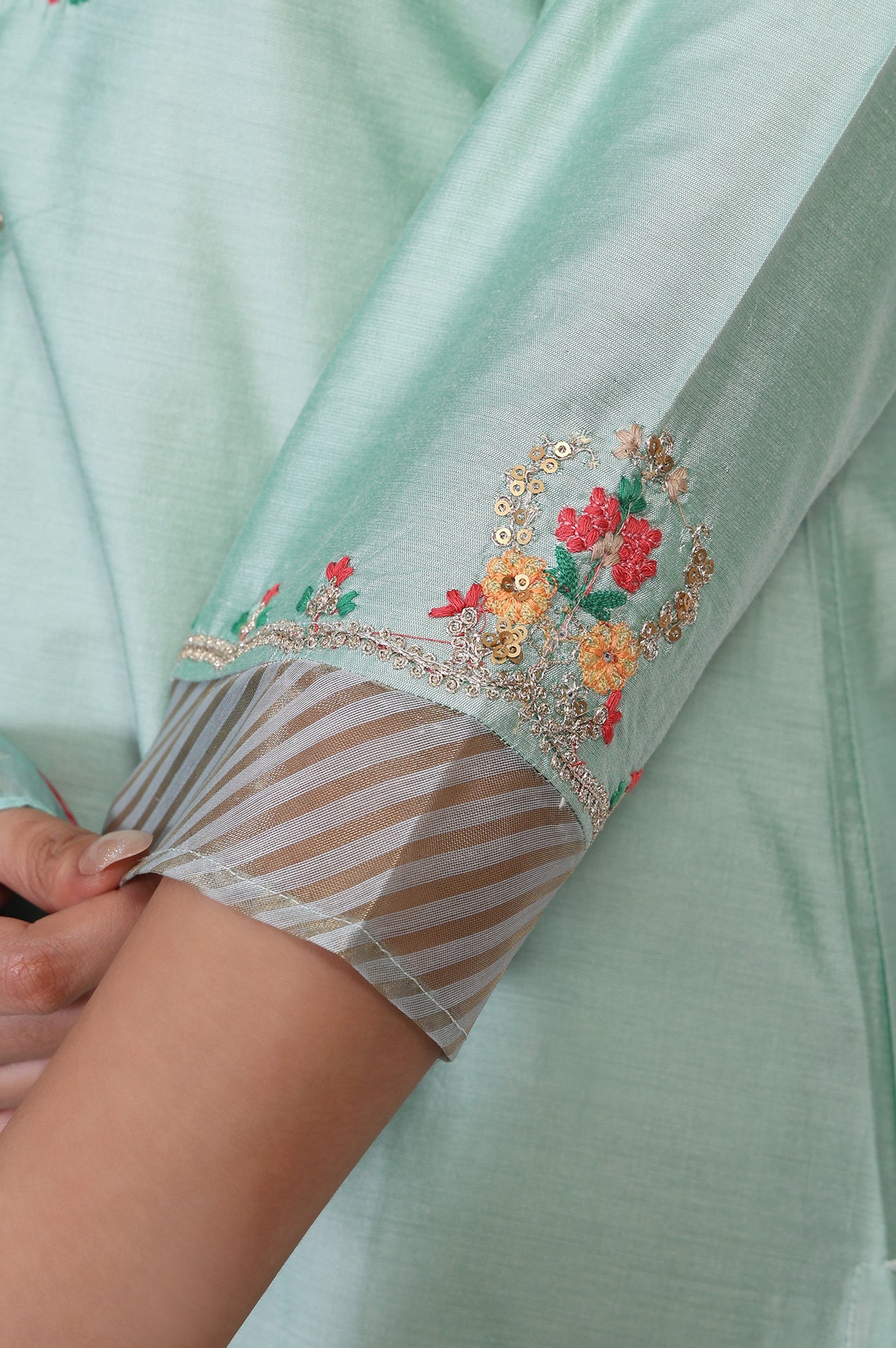 Green Embroidered Straight Jacquard Kurta with Straight Pant and Dupatta Set