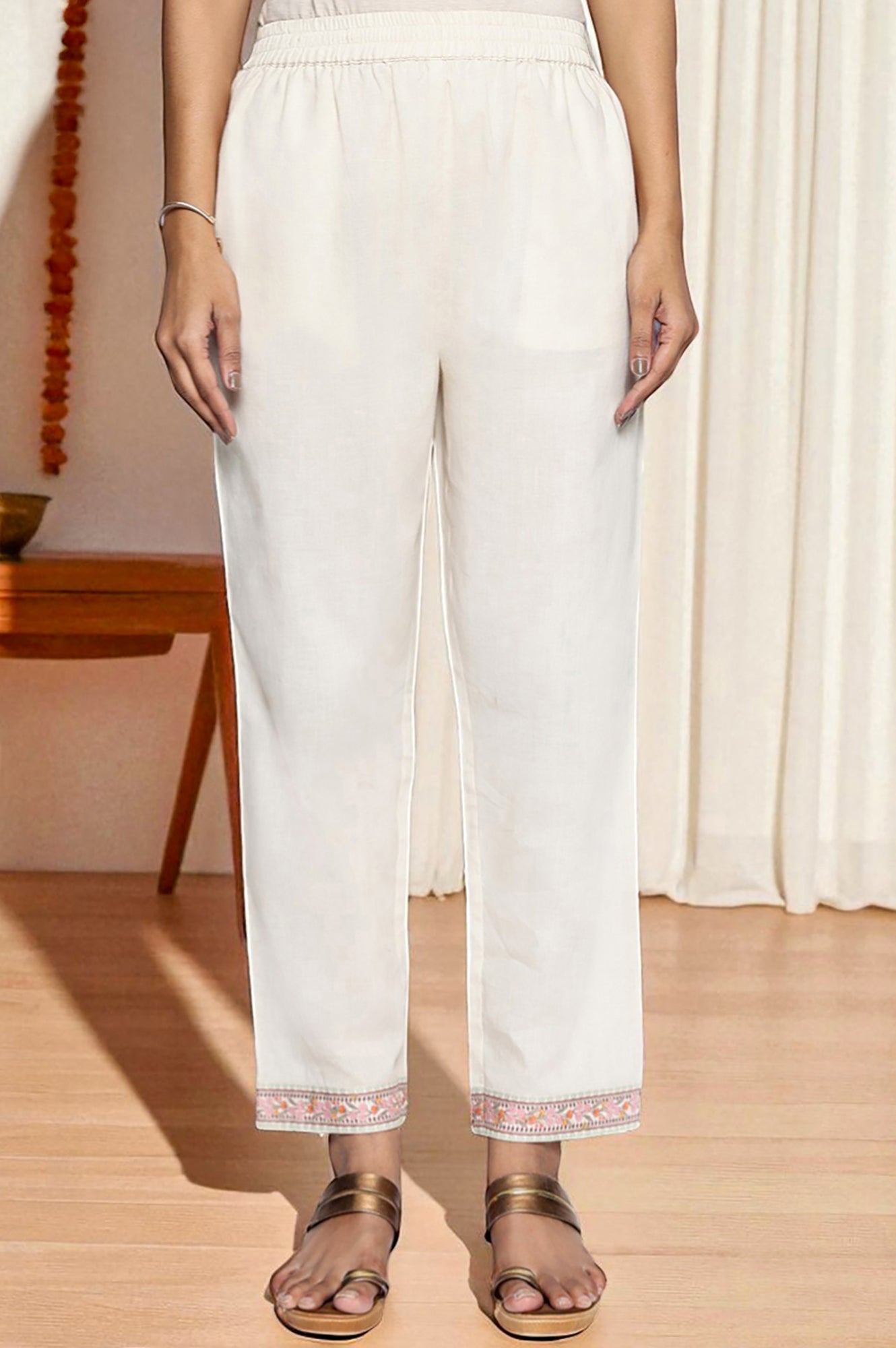 Seashell White Printed Pure Cotton Flared Kurta, Straight Pant and Dupatta Set