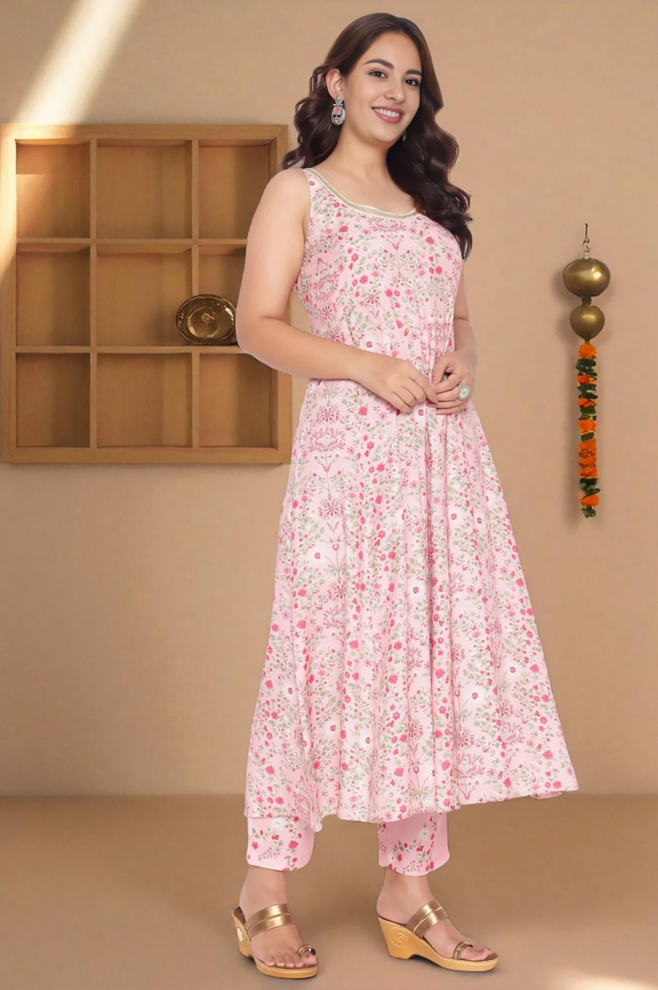 Rose Pink Printed Shantung Flared Kurta, Parallel Pant and Dupatta Set