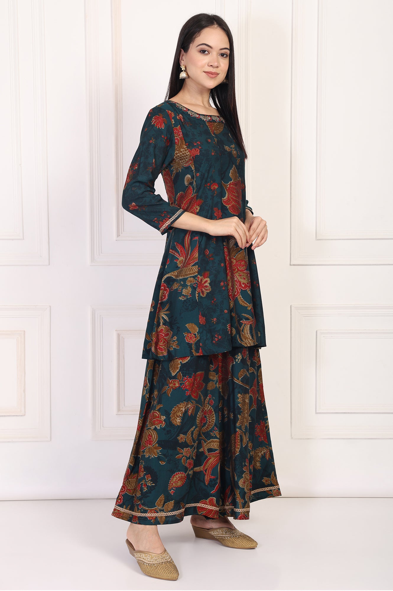 Teal Floral Printed Embellished A-Line Kurta with Flared Pant and Dupatta Set