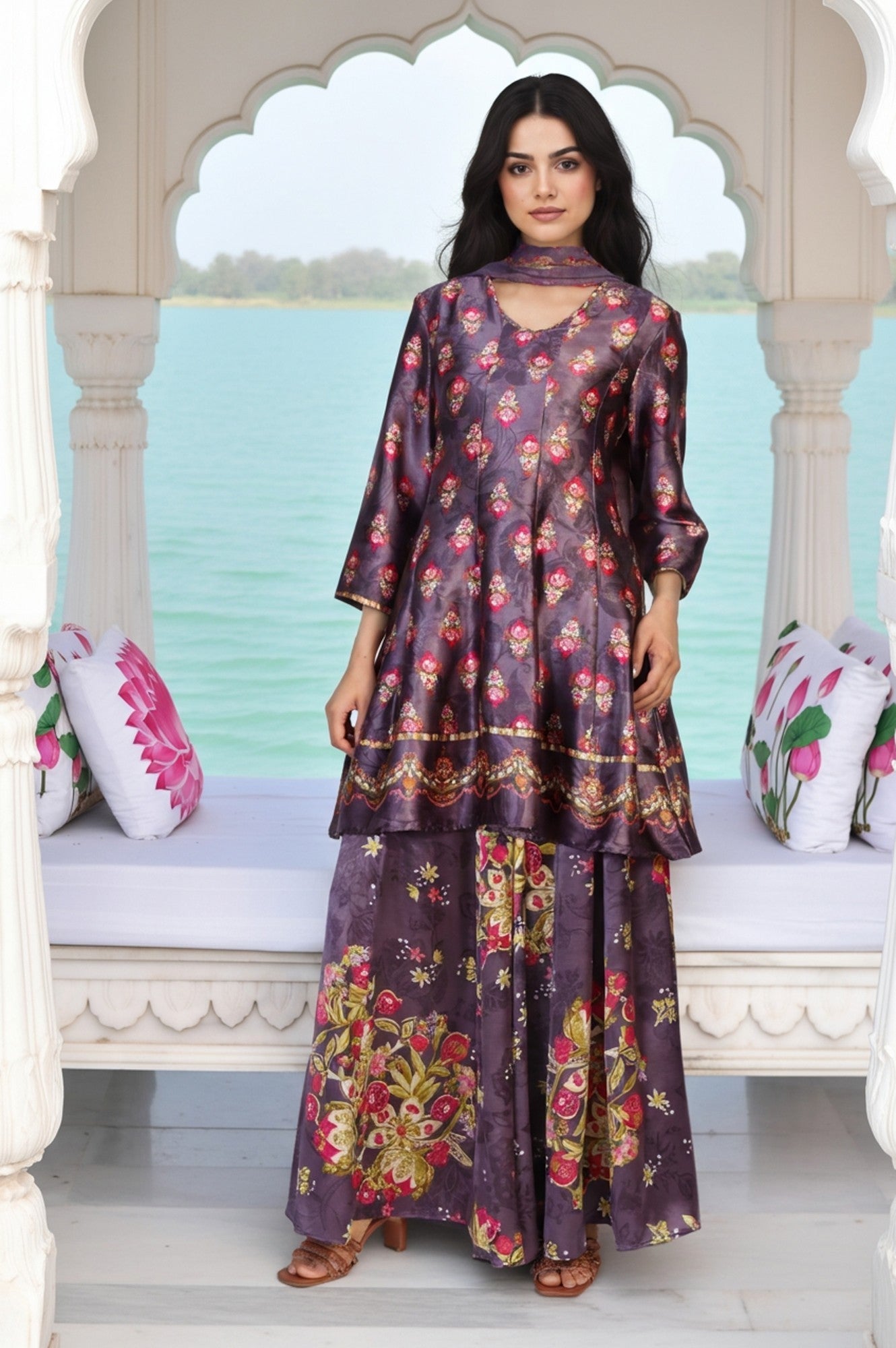 Charcoal Floral Print Beaded Flared Satin Kurta with Culotte and Dupatta Set