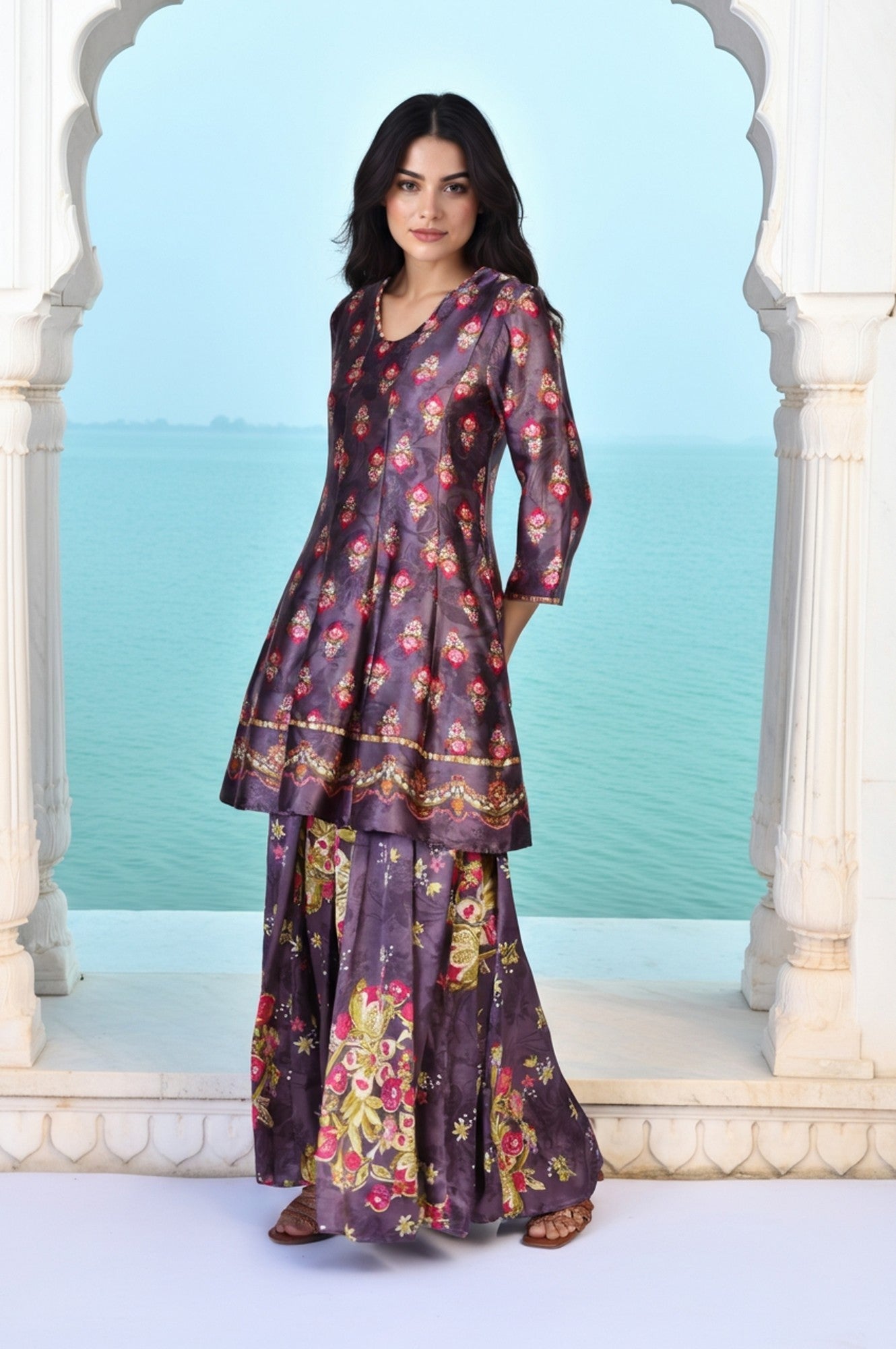 Charcoal Floral Print Beaded Flared Satin Kurta with Culotte and Dupatta Set