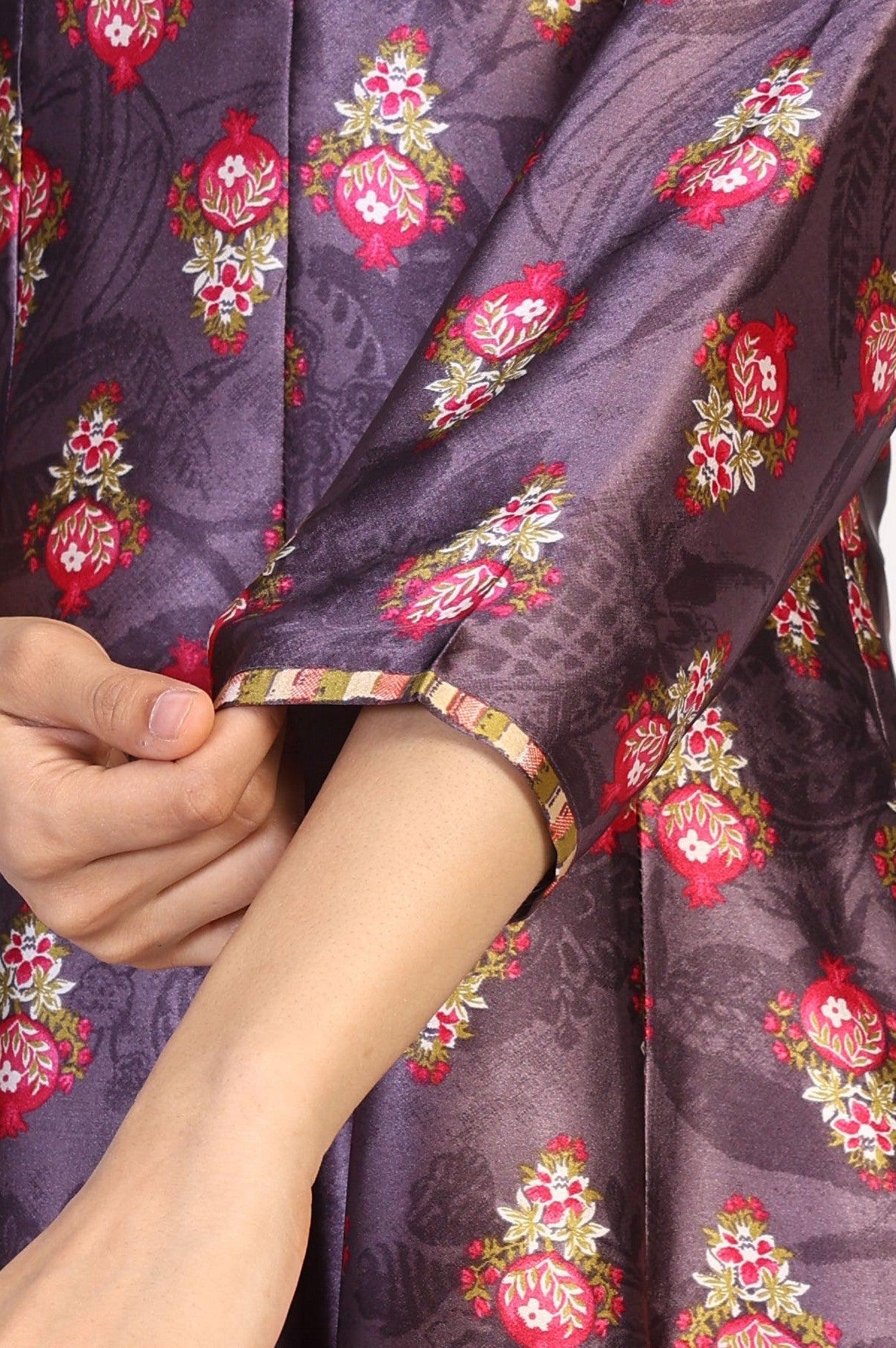 Charcoal Floral Print Beaded Flared Satin Kurta with Culotte and Dupatta Set