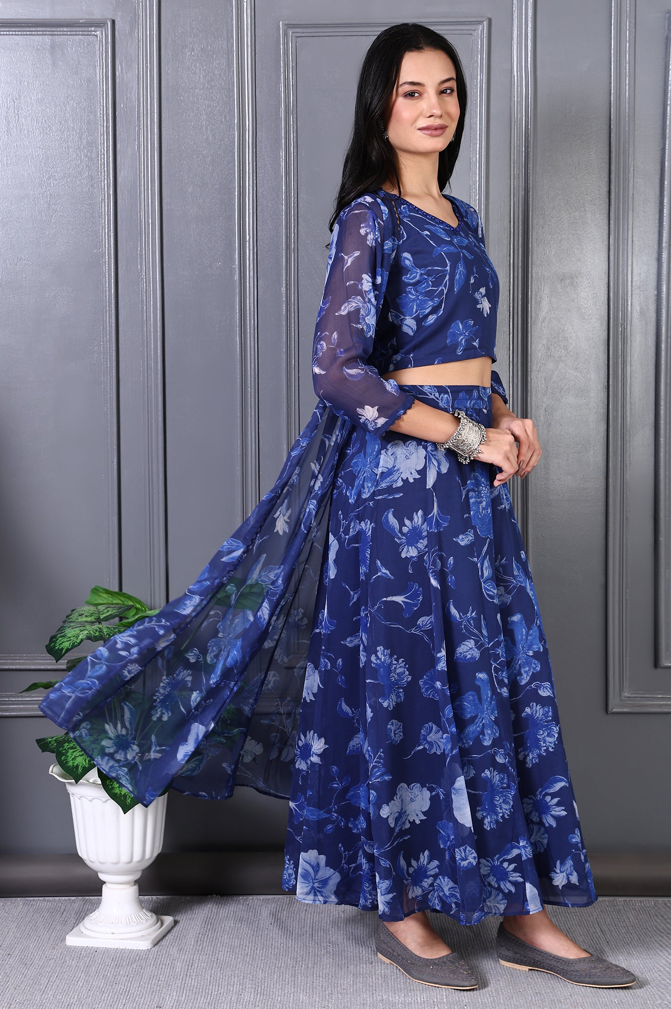 Blue Floral Printed Beads Chiffon Flared Crop Top, Jacket and Flared Pants Set