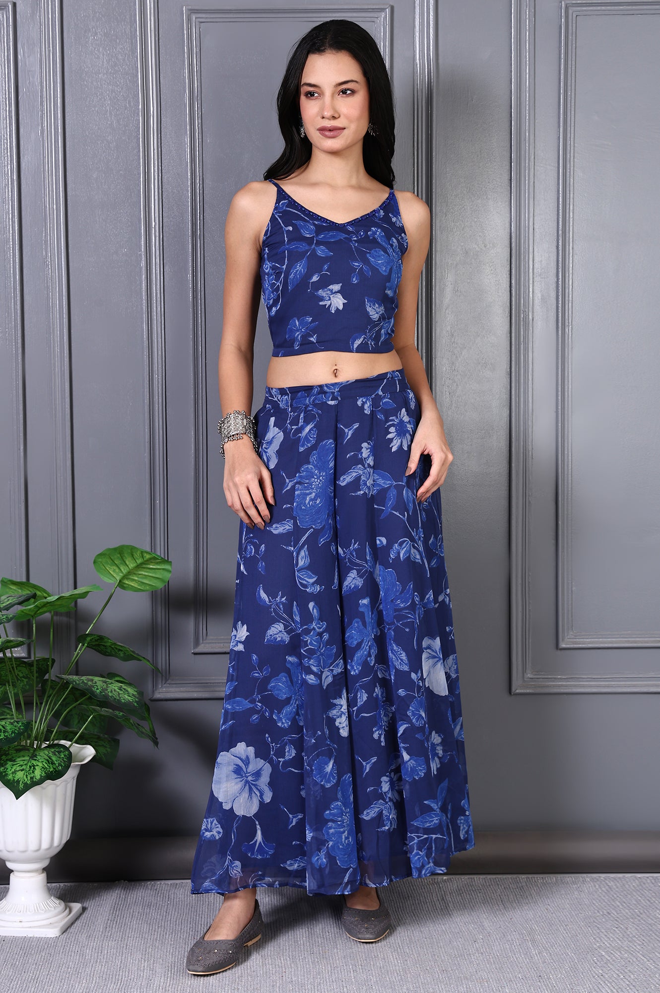 Blue Floral Printed Beads Chiffon Flared Crop Top, Jacket and Flared Pants Set