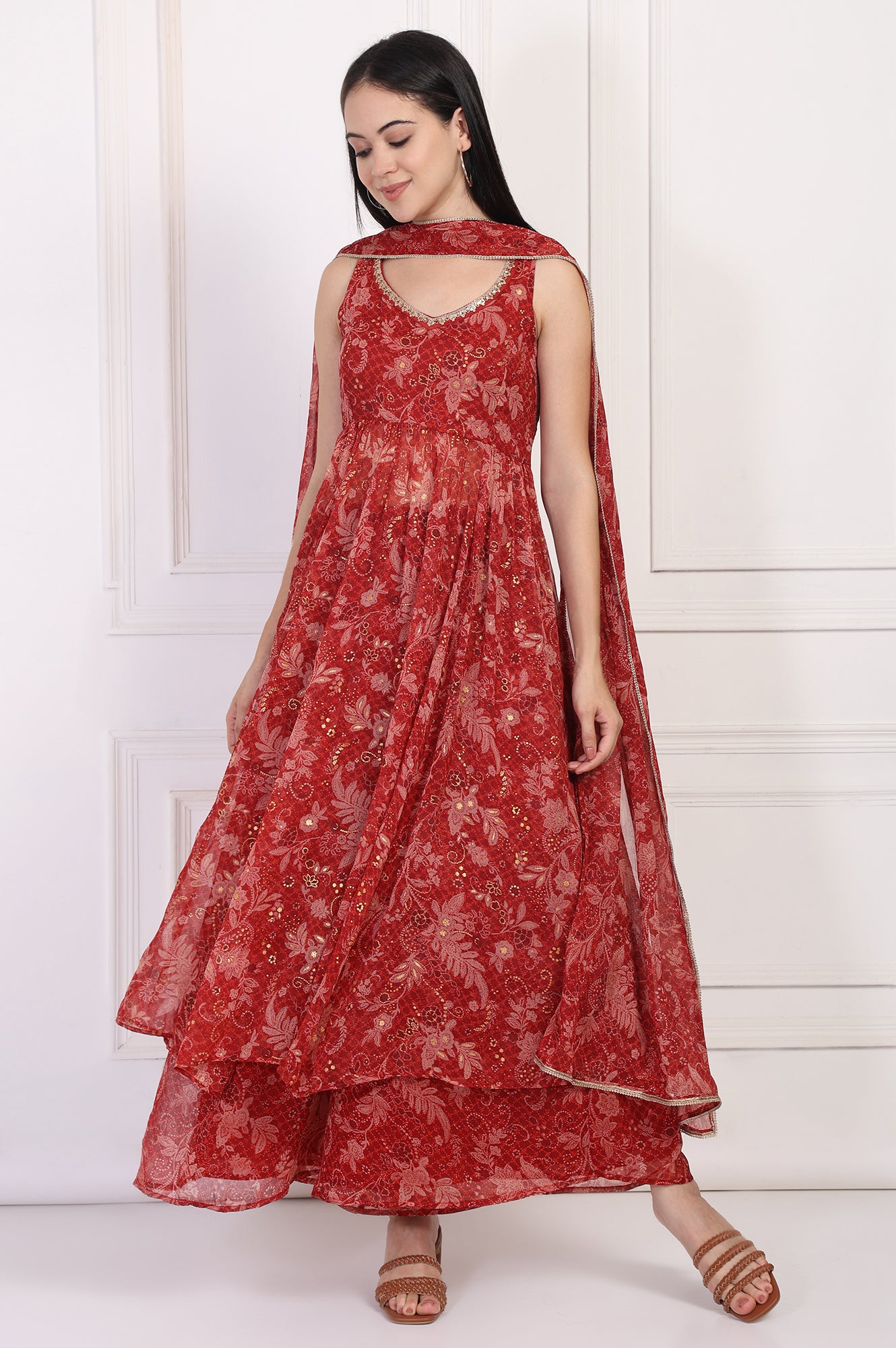 Red Floral Printed Lace Trim Anarkali Chiffon Kurta with Flared Pant and Dupatta Set