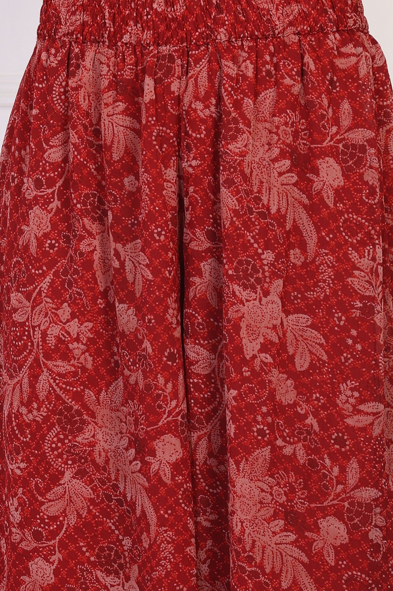 Red Floral Printed Lace Trim Anarkali Chiffon Kurta with Flared Pant and Dupatta Set