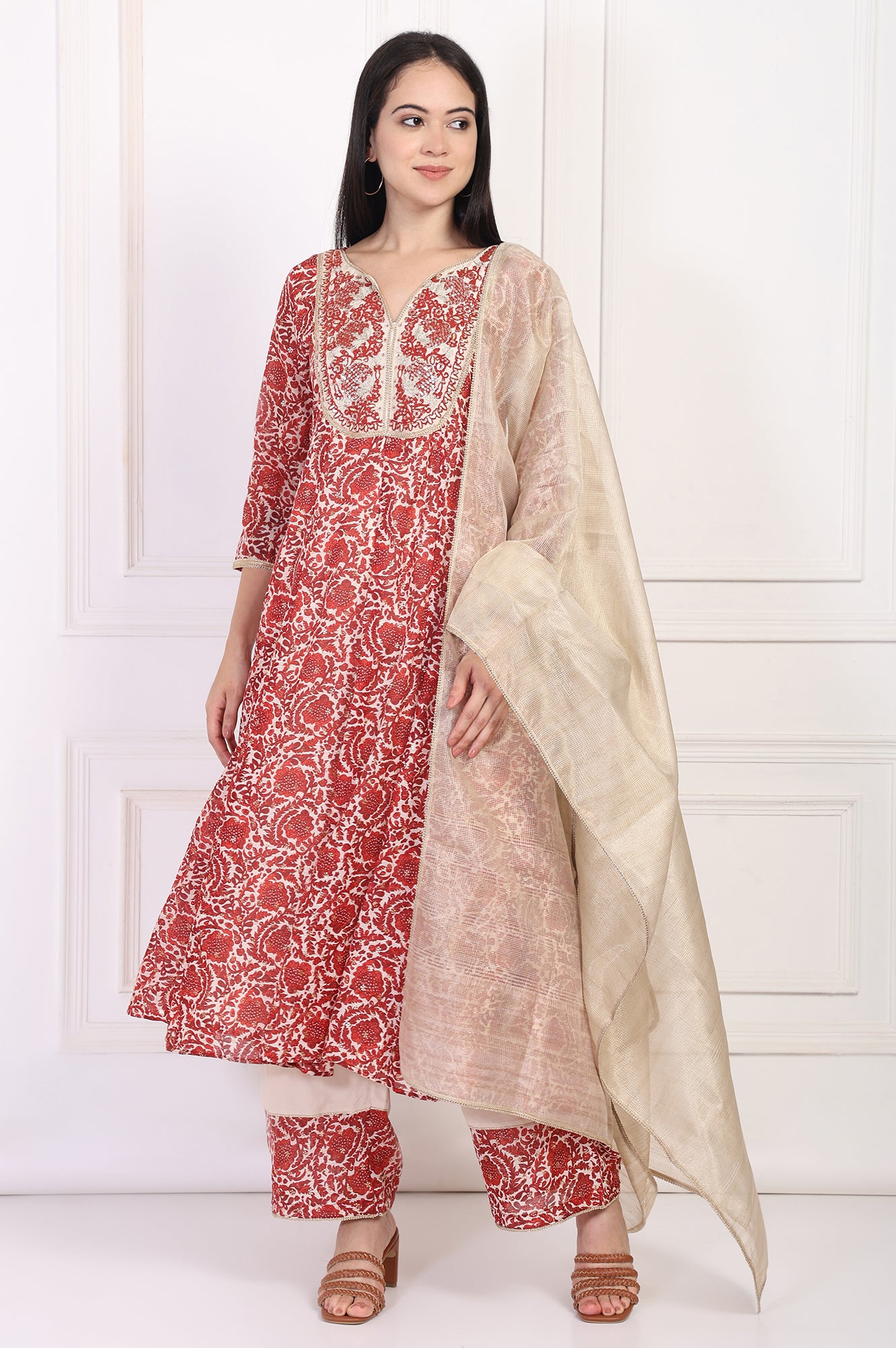 Red Embroidered Anarkali Kurta with Flared Pant and Dupatta Set