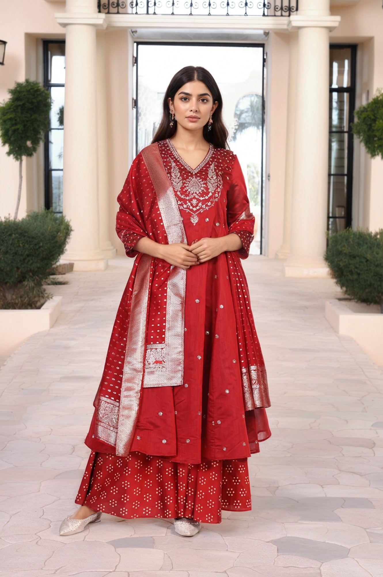 Red Embellished Flared Kurta with Sharara and Dupatta Set