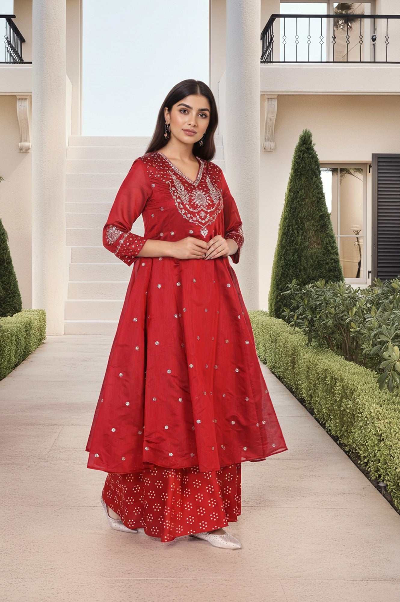 Red Embellished Flared Kurta with Sharara and Dupatta Set