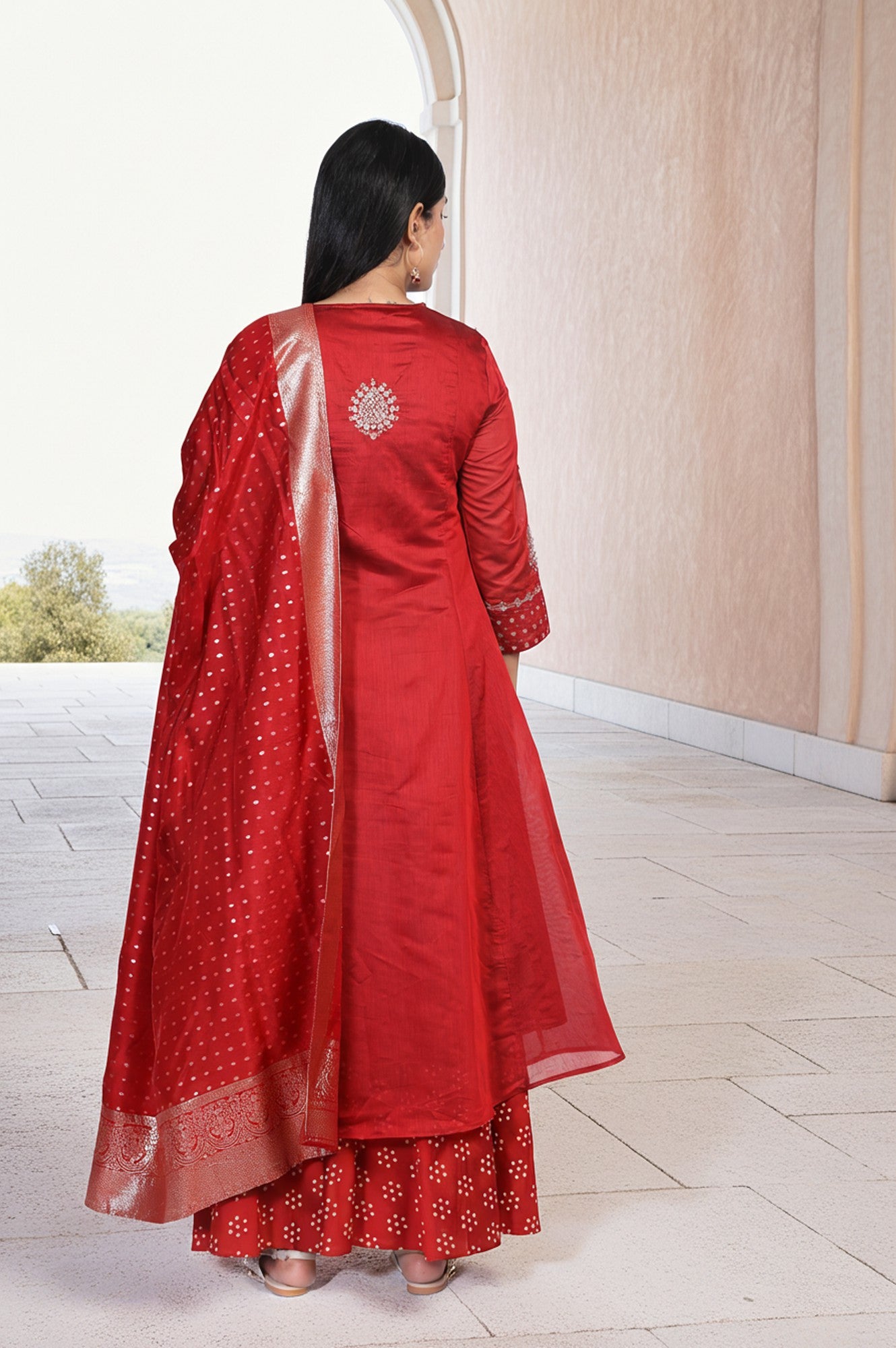 Red Embellished Flared Kurta with Sharara and Dupatta Set