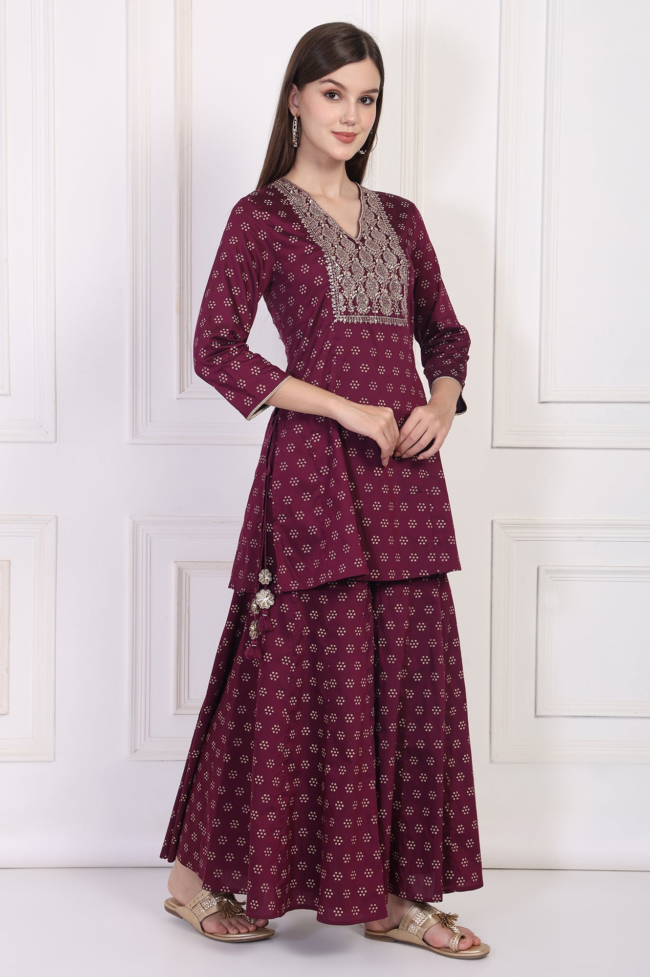 Maroon Embroidered A-Line Rayon Kurta with Sharara and Dupatta Set