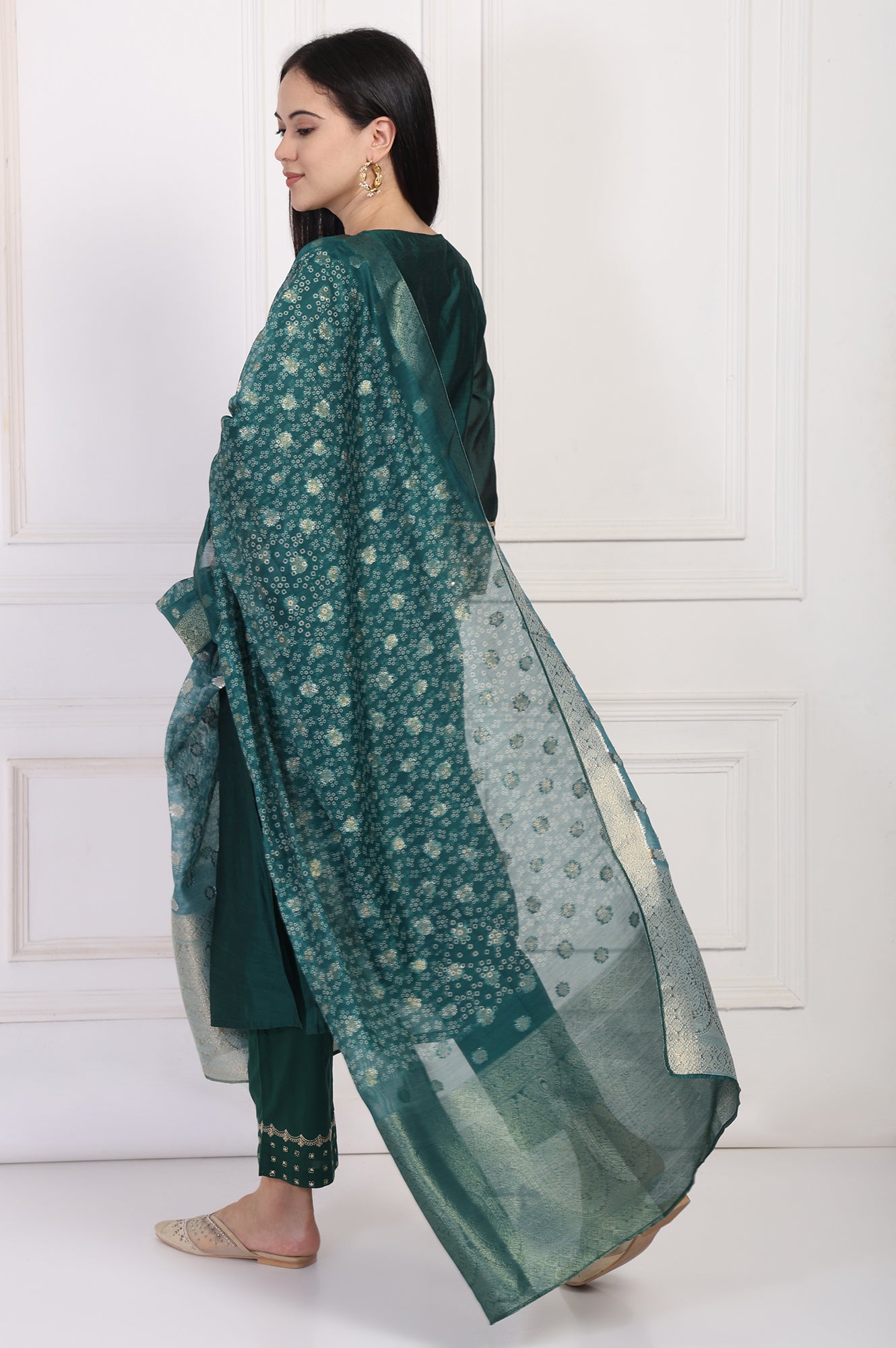 Green Embroidered A-Line Silk Kurta with Straight Pant and Dupatta Set