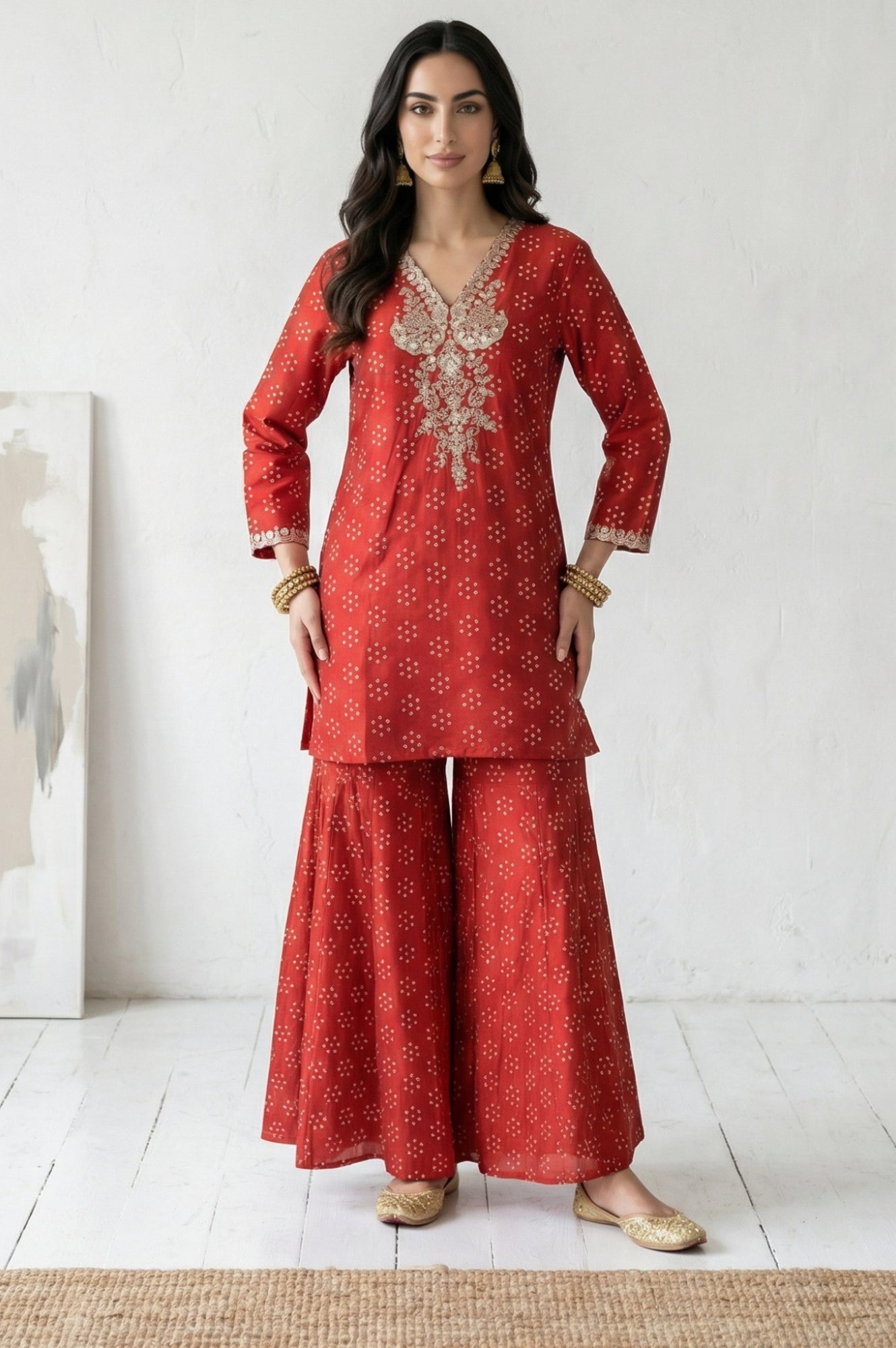 Red Bandhani Embroidered Ankle Length Sharara