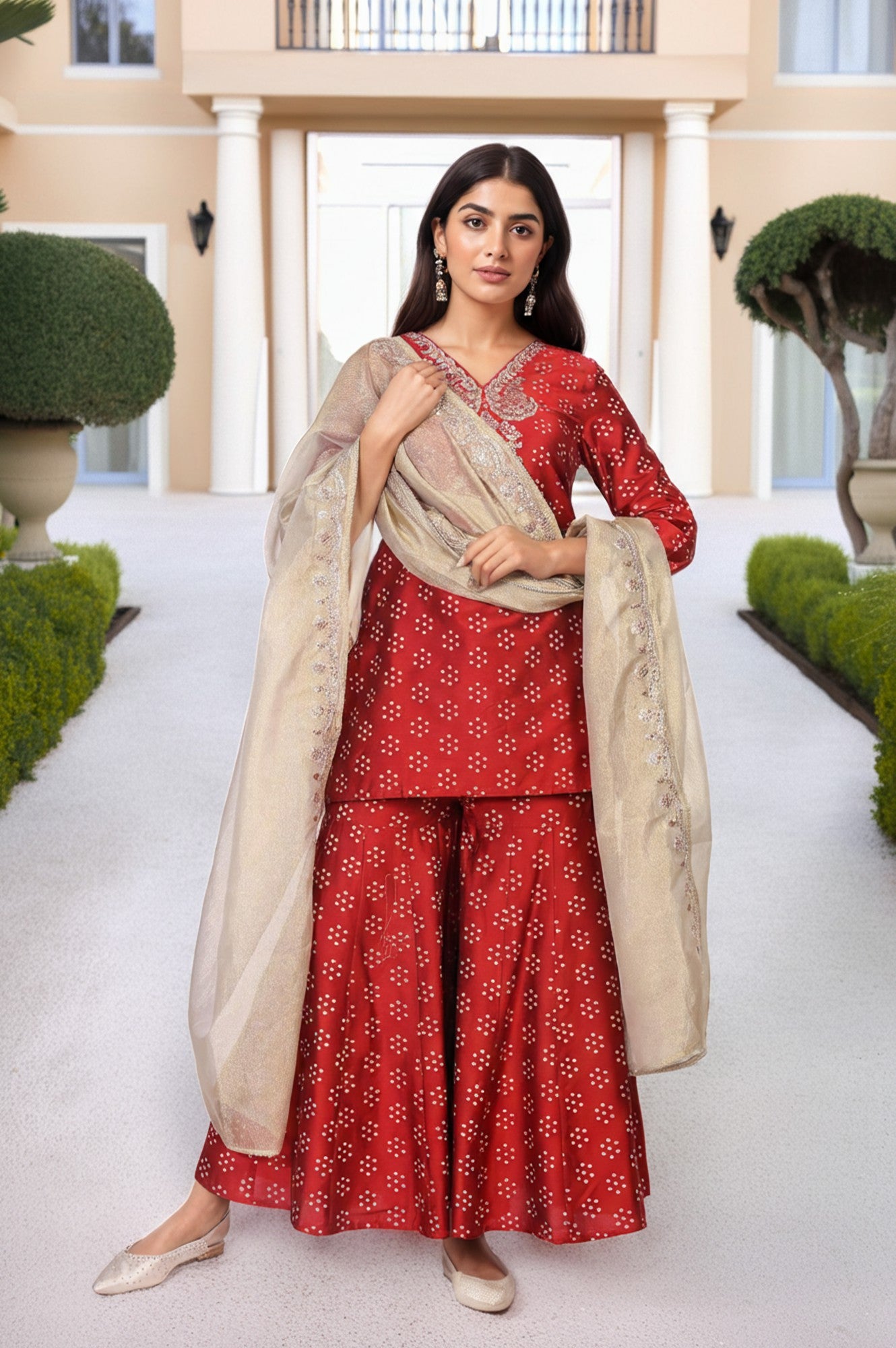Red Embroidered Straight Art Silk Kurta with Sharara and Dupatta Set