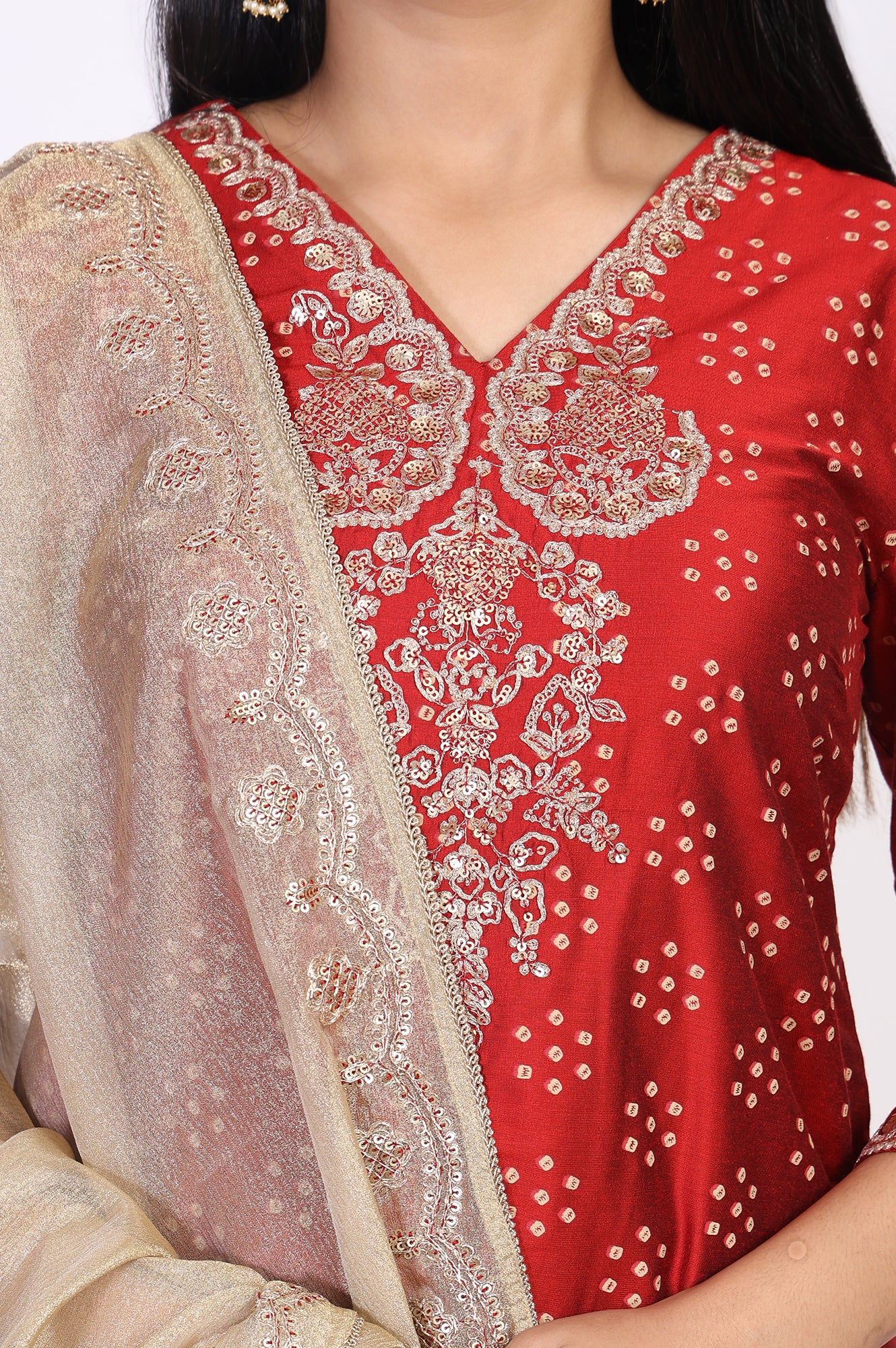 Red Embroidered Straight Art Silk Kurta with Sharara and Dupatta Set